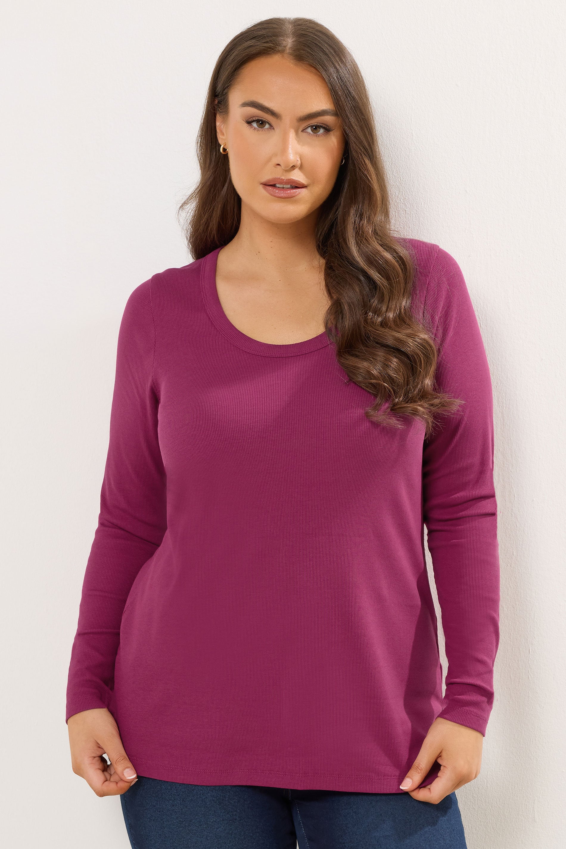 YOURS Plus Size Dark Pink Ribbed Scoop Neck Top | Yours Clothing 3