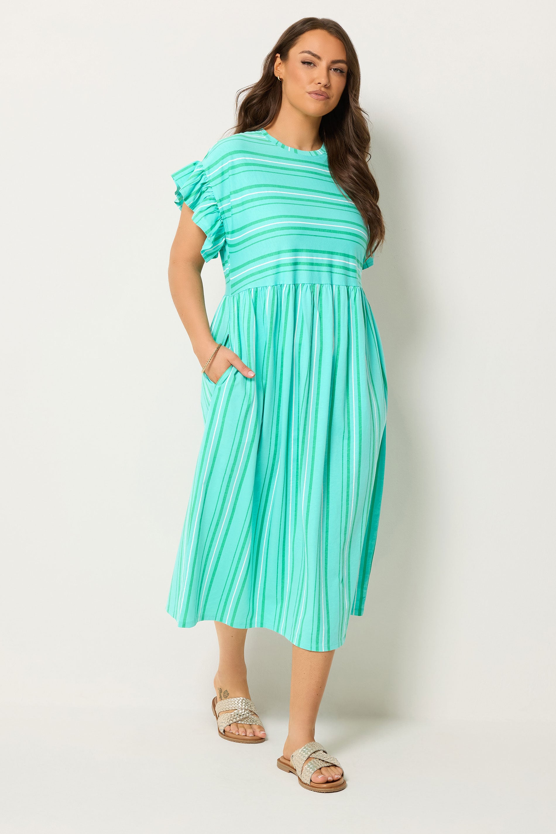 YOURS Plus Size Green Stripe Frill Sleeve Dress | Yours Clothing 3