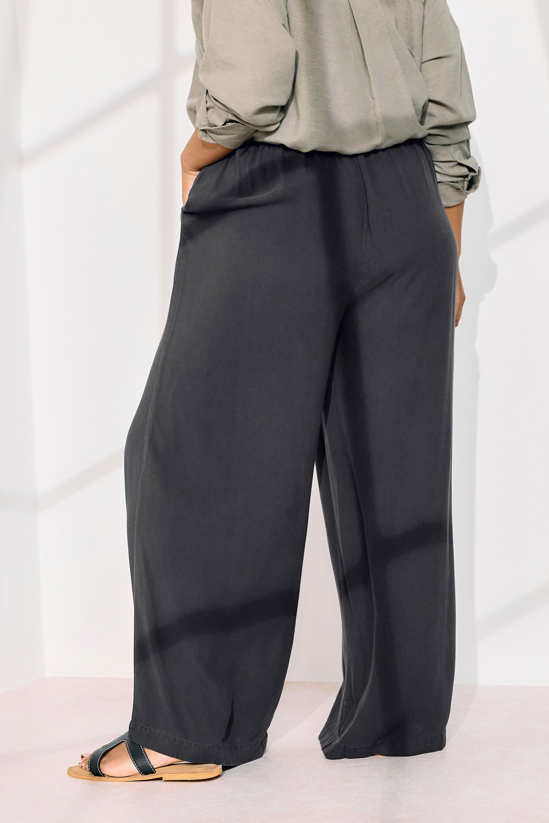 YOURS Plus Size Black Chambray Tie Front Wide Leg Trousers | Yours Clothing 4