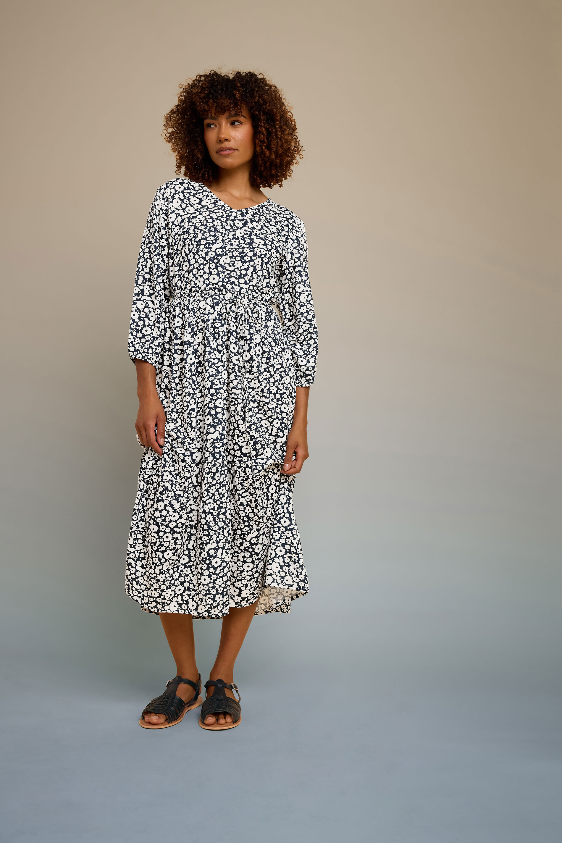M&Co Navy Blue Floral Print Tiered Midi Dress | M&Co 1
