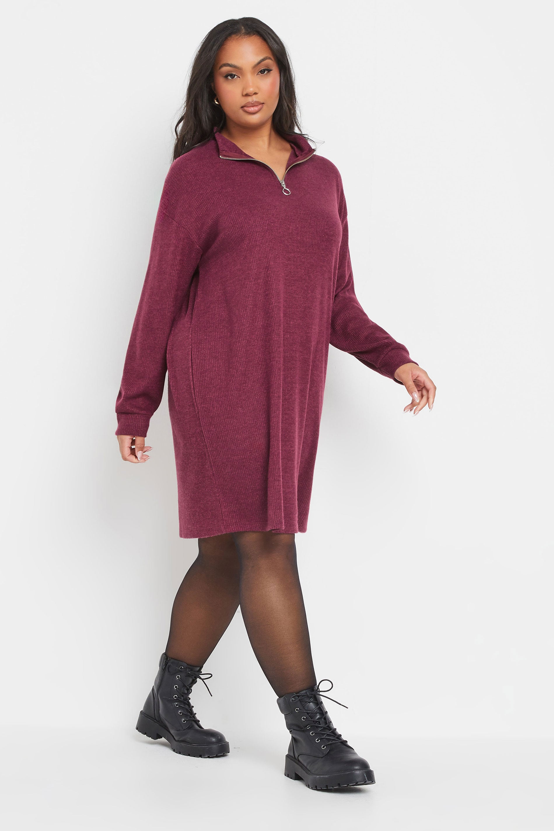 YOURS Plus Size Dark Pink Zip Neck Ribbed Jumper Dress | Yours Clothing 1