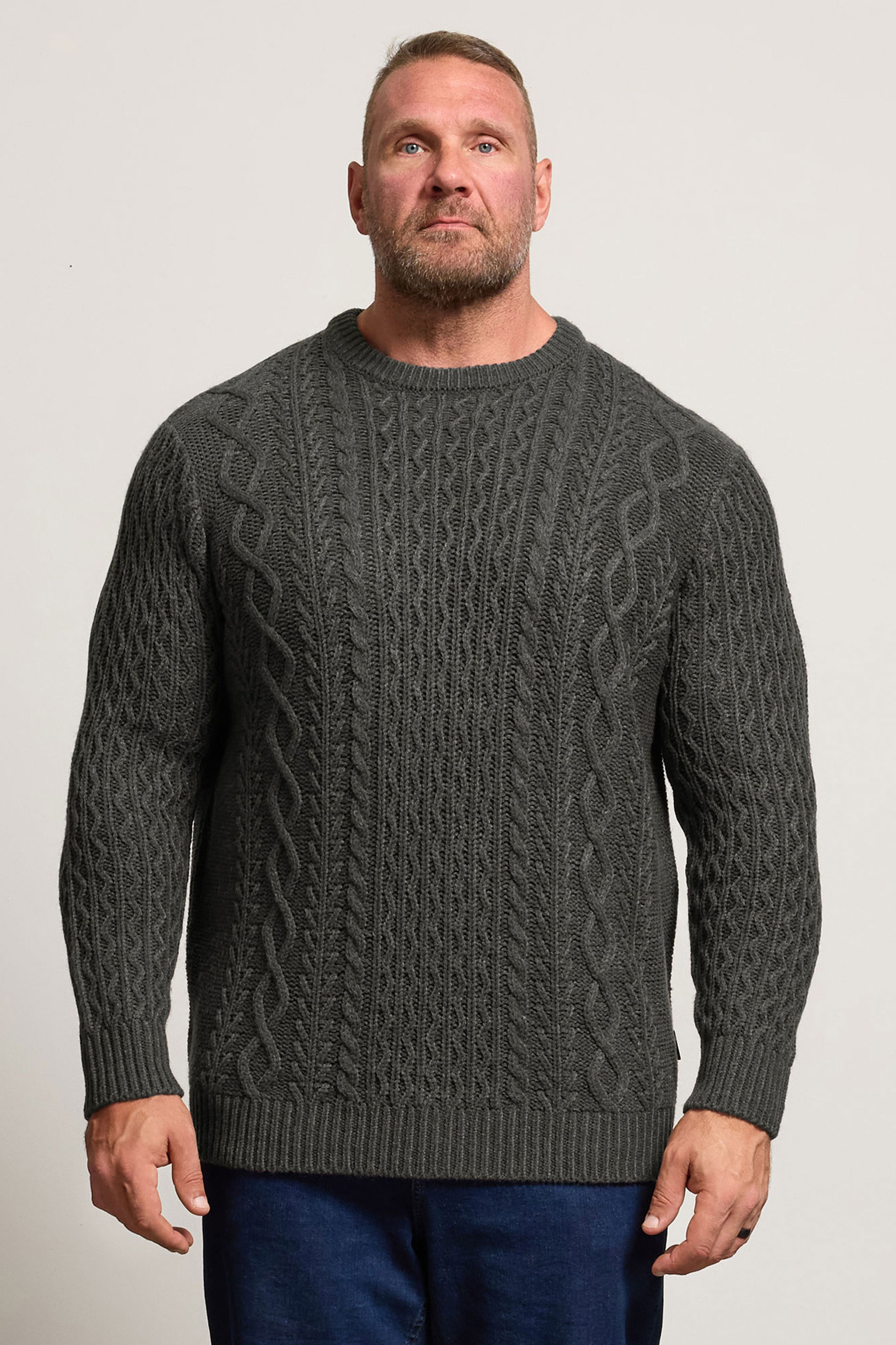 BadRhino Big & Tall Charcoal Grey Crew Neck Cable Knit Jumper | BadRhino 3