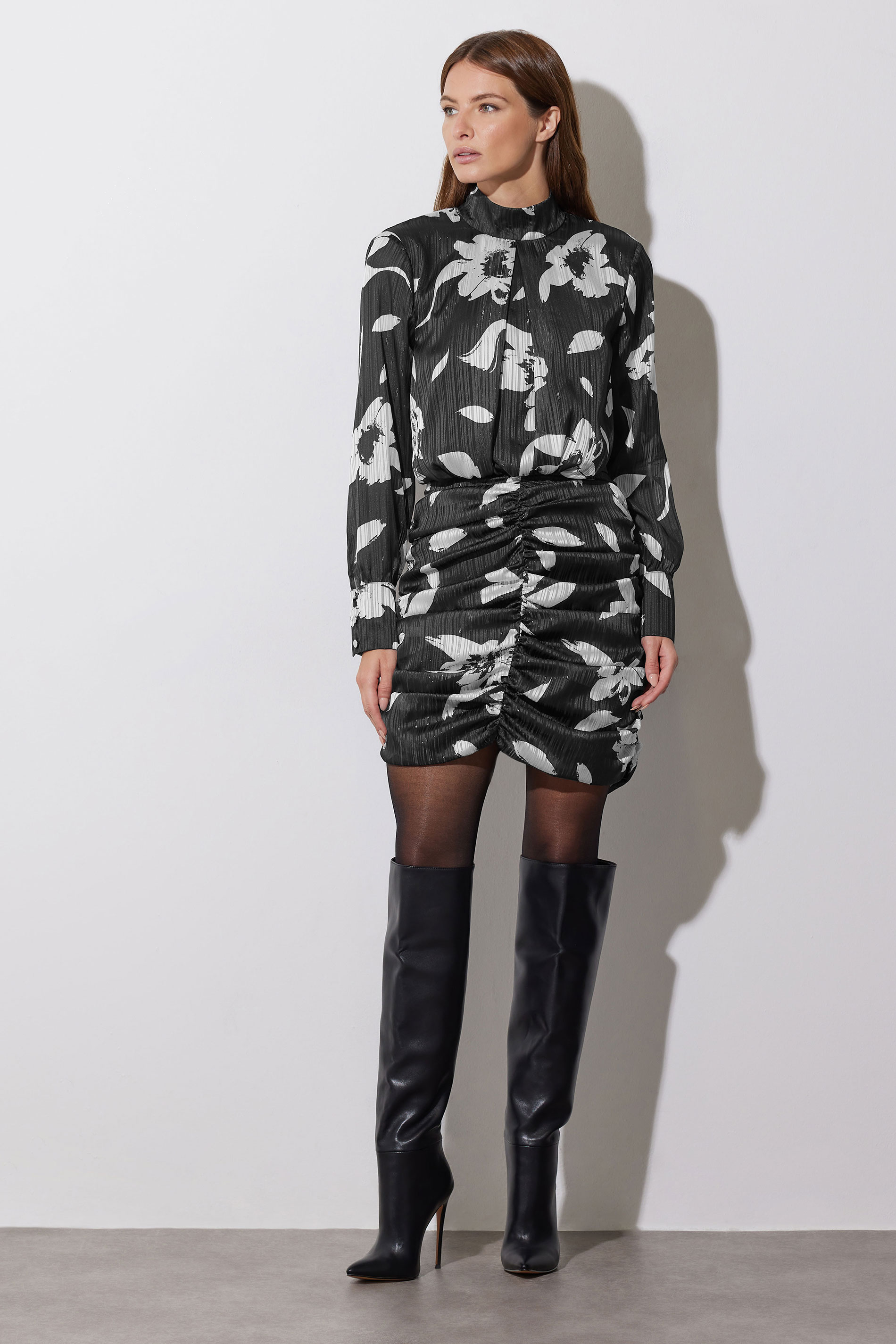 STAR Grey & White Floral Print Ruched Dress | StarByJM 1
