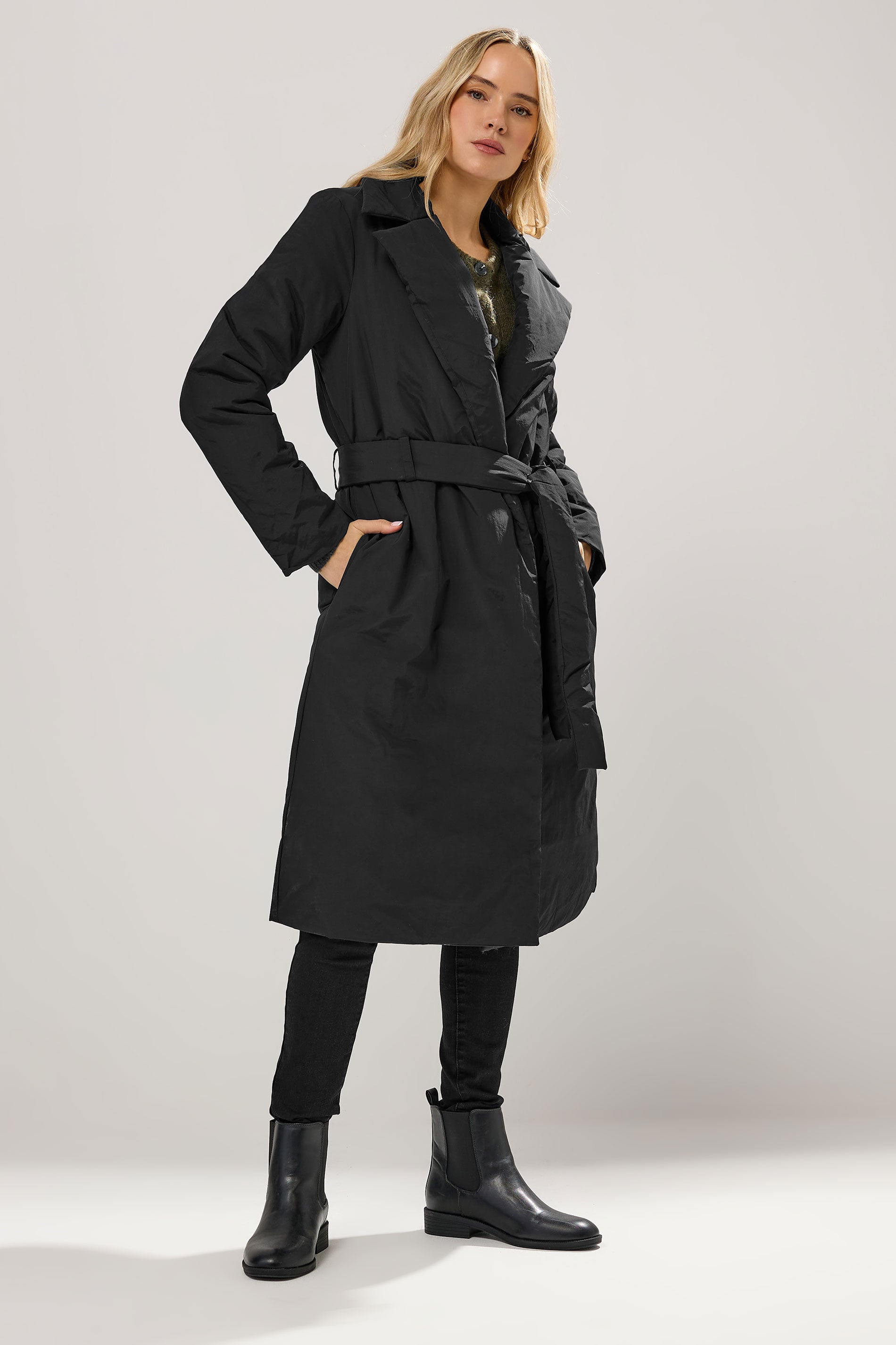 LTS Tall Black Belted Padded Midi Coat | Long Tall Sally 3
