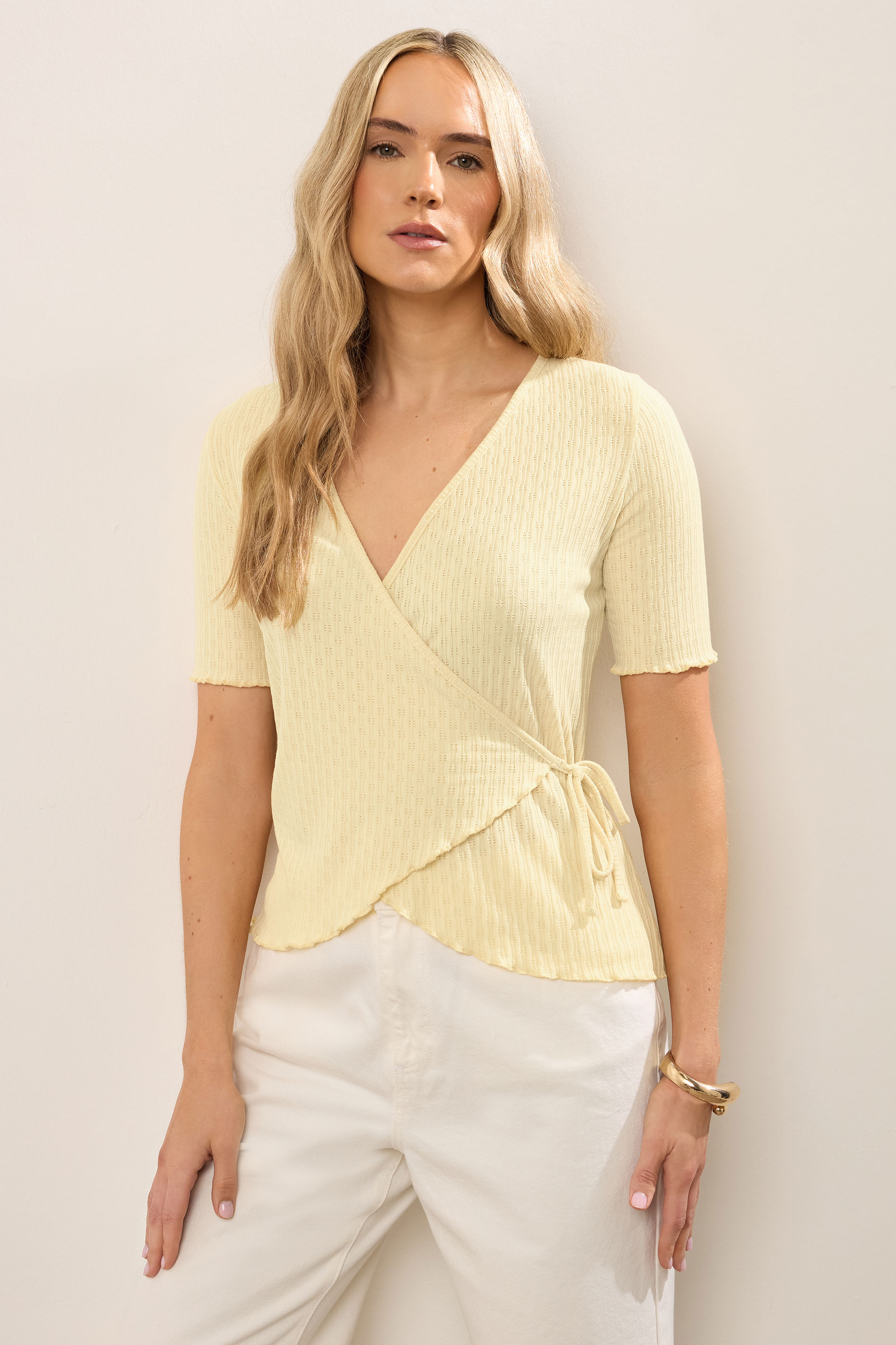 LTS Tall Yellow Pointelle Knit Wrap Top | Long Tall Sally 1
