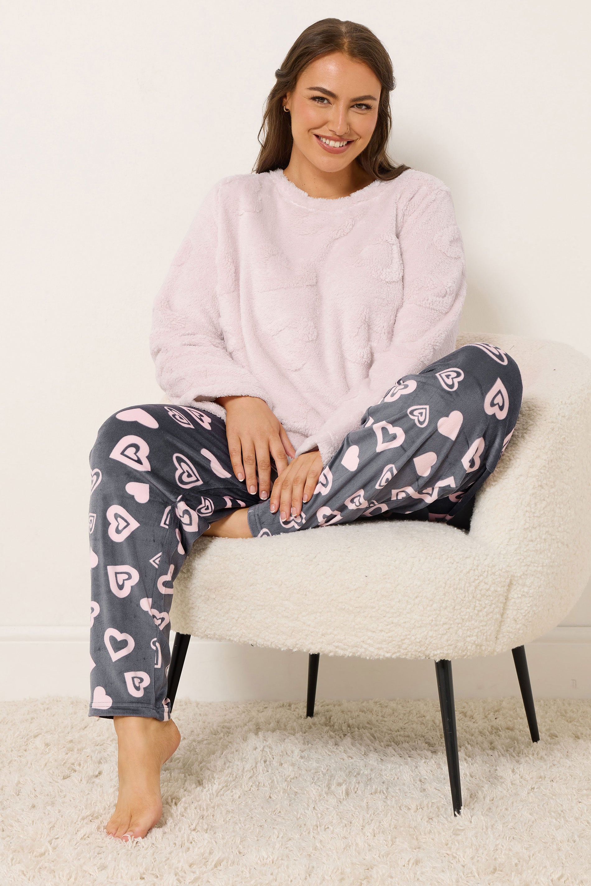 YOURS Plus Size Pink Heart Texture Borg Lounge Set | Yours Clothing 3