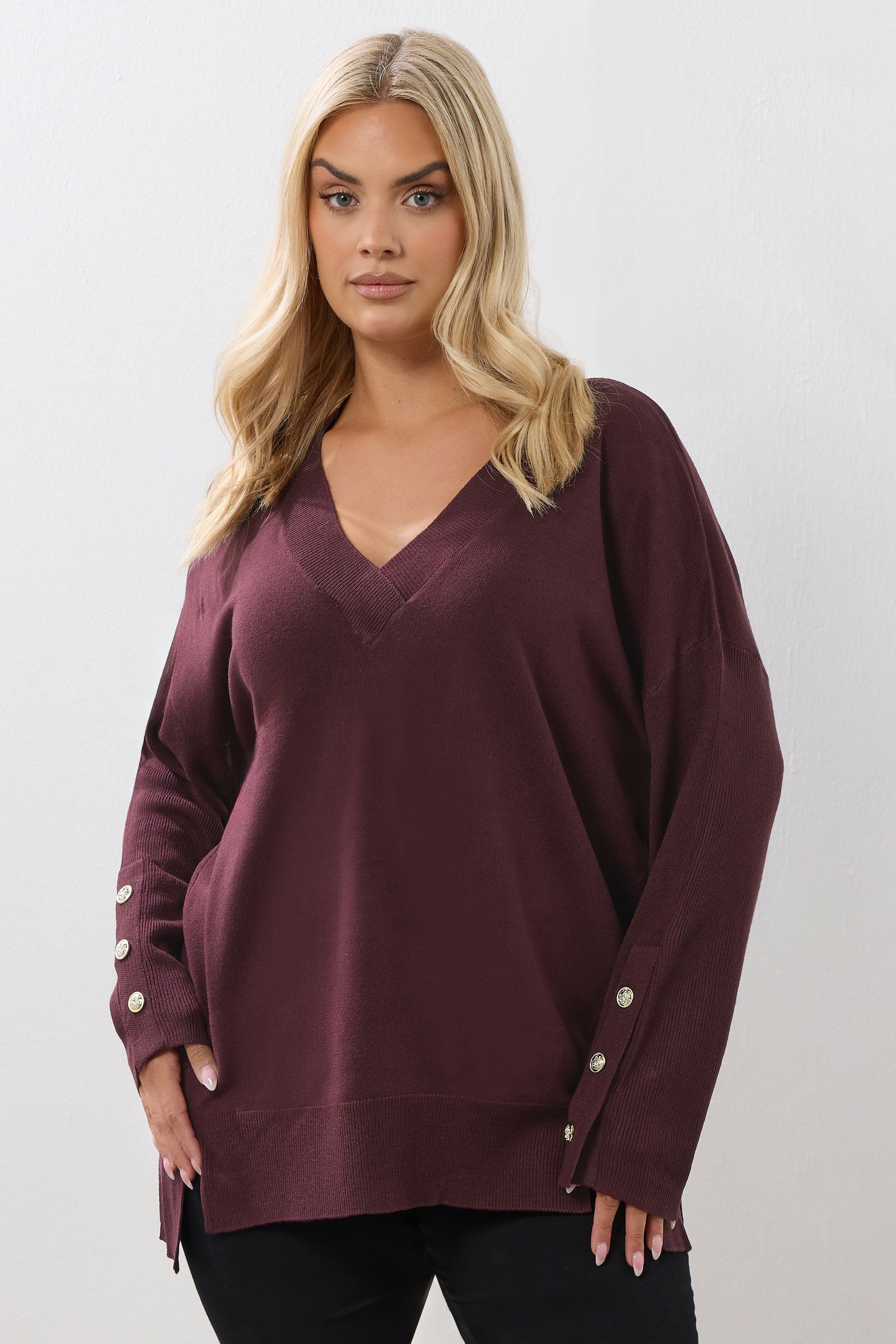 YOURS Plus Size Purple Button V-Neck Jumper | Yours Clothing 3