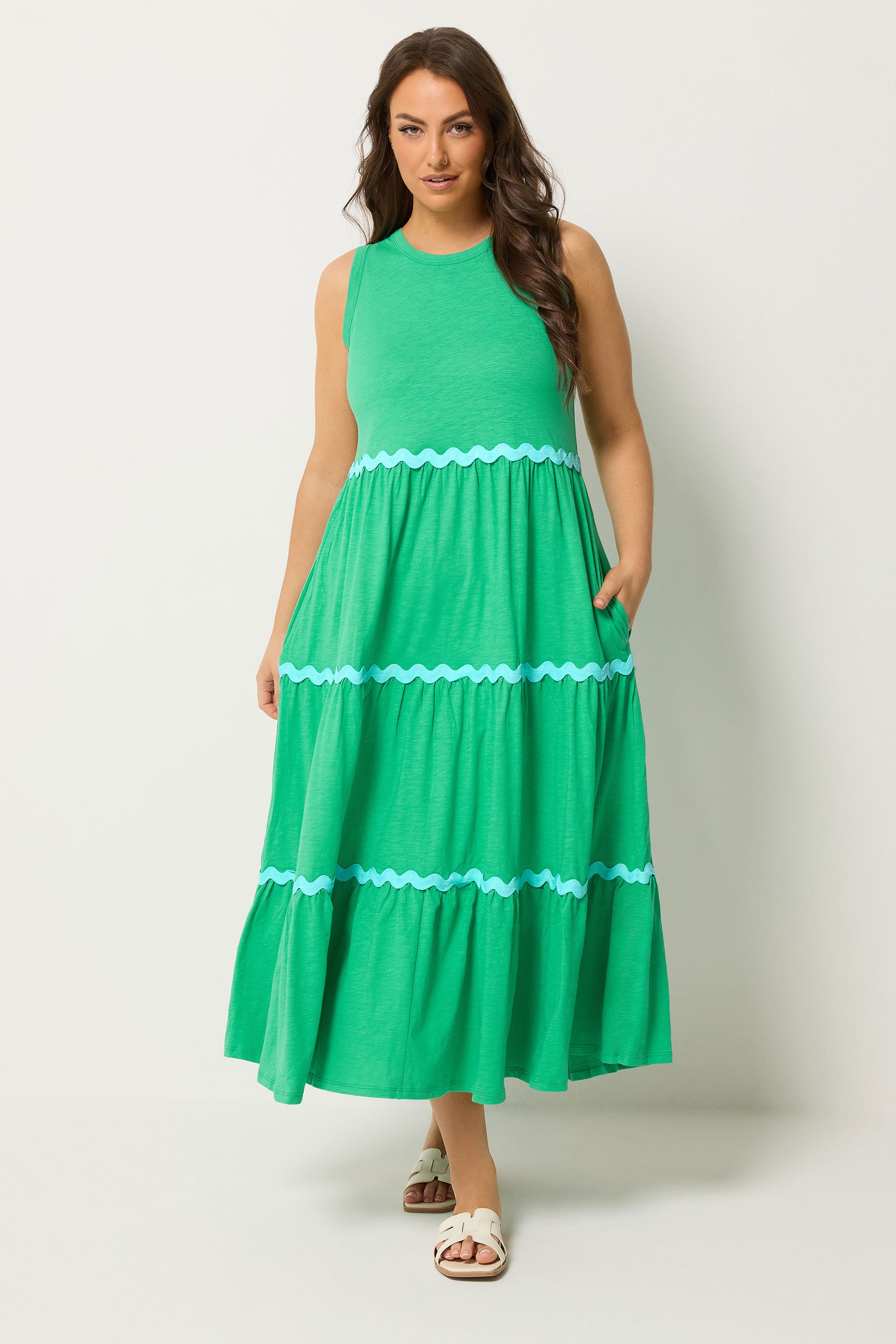 YOURS Plus Size Green Swirl Trim Tiered Maxi Dress | Yours Clothing 2