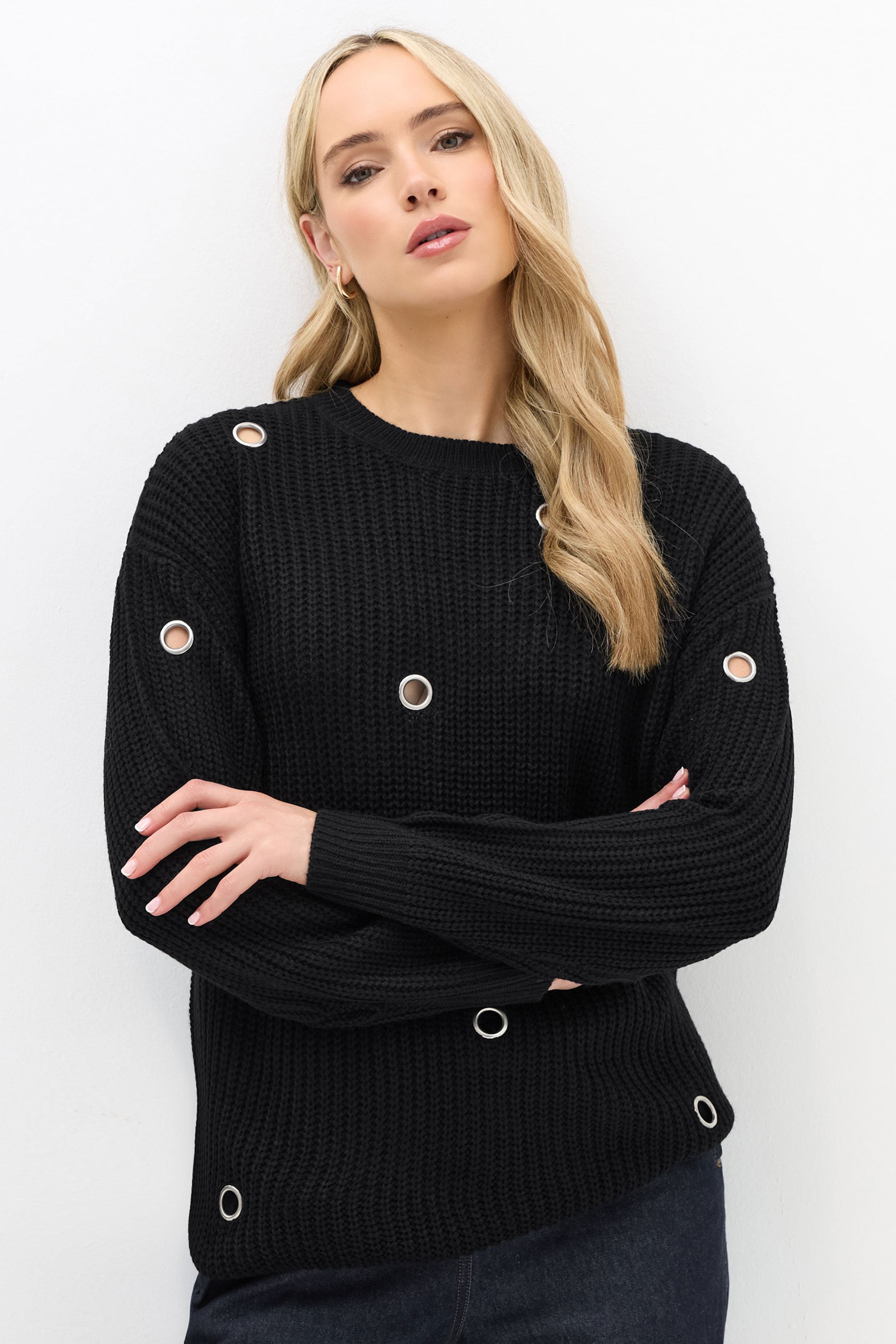 LTS Tall Black Knitted Eyelet Jumper | Long Tall Sally 3