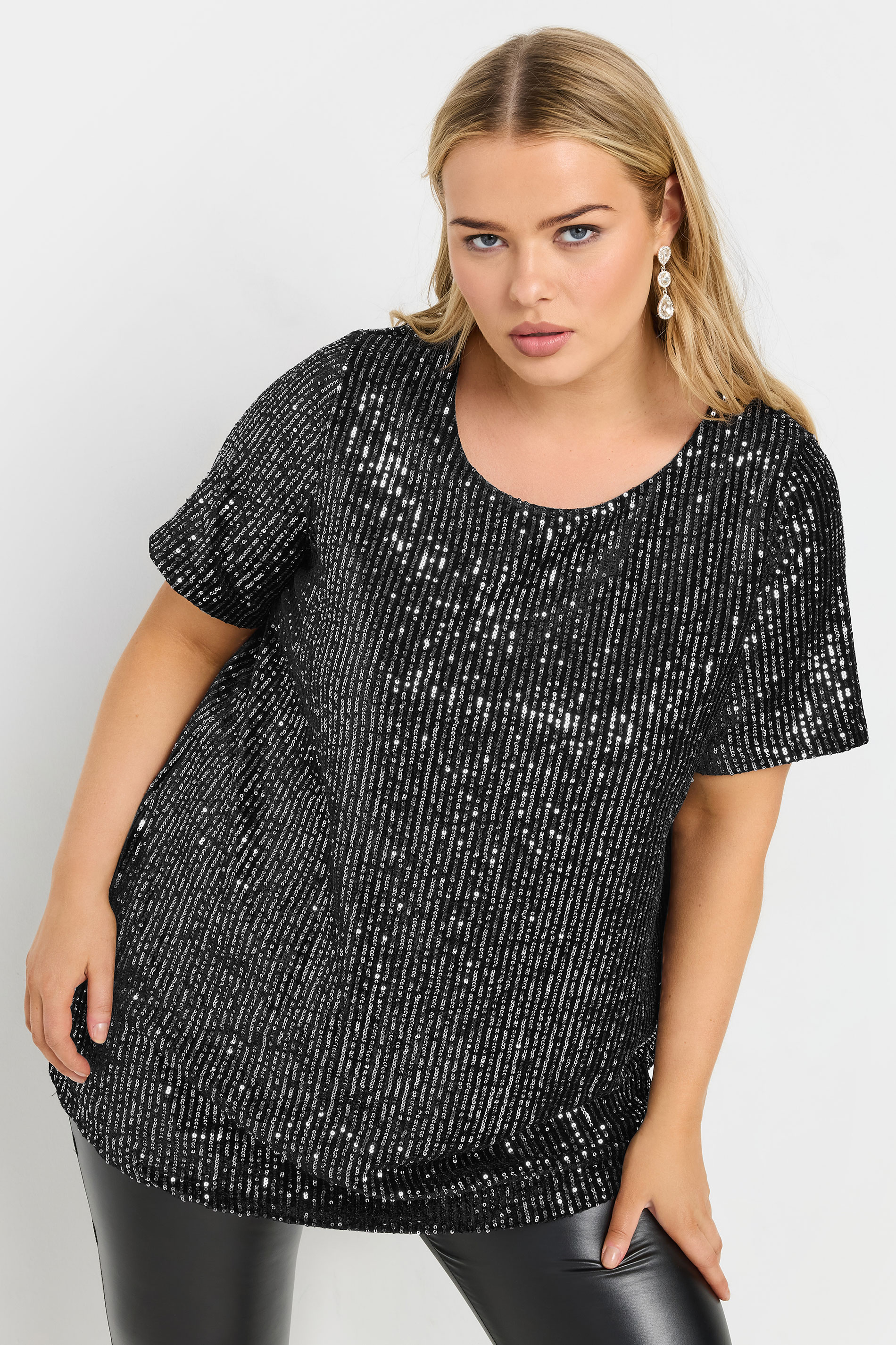 YOURS Plus Size Black & Silver Velvet Sequin Top | Yours Clothing 5