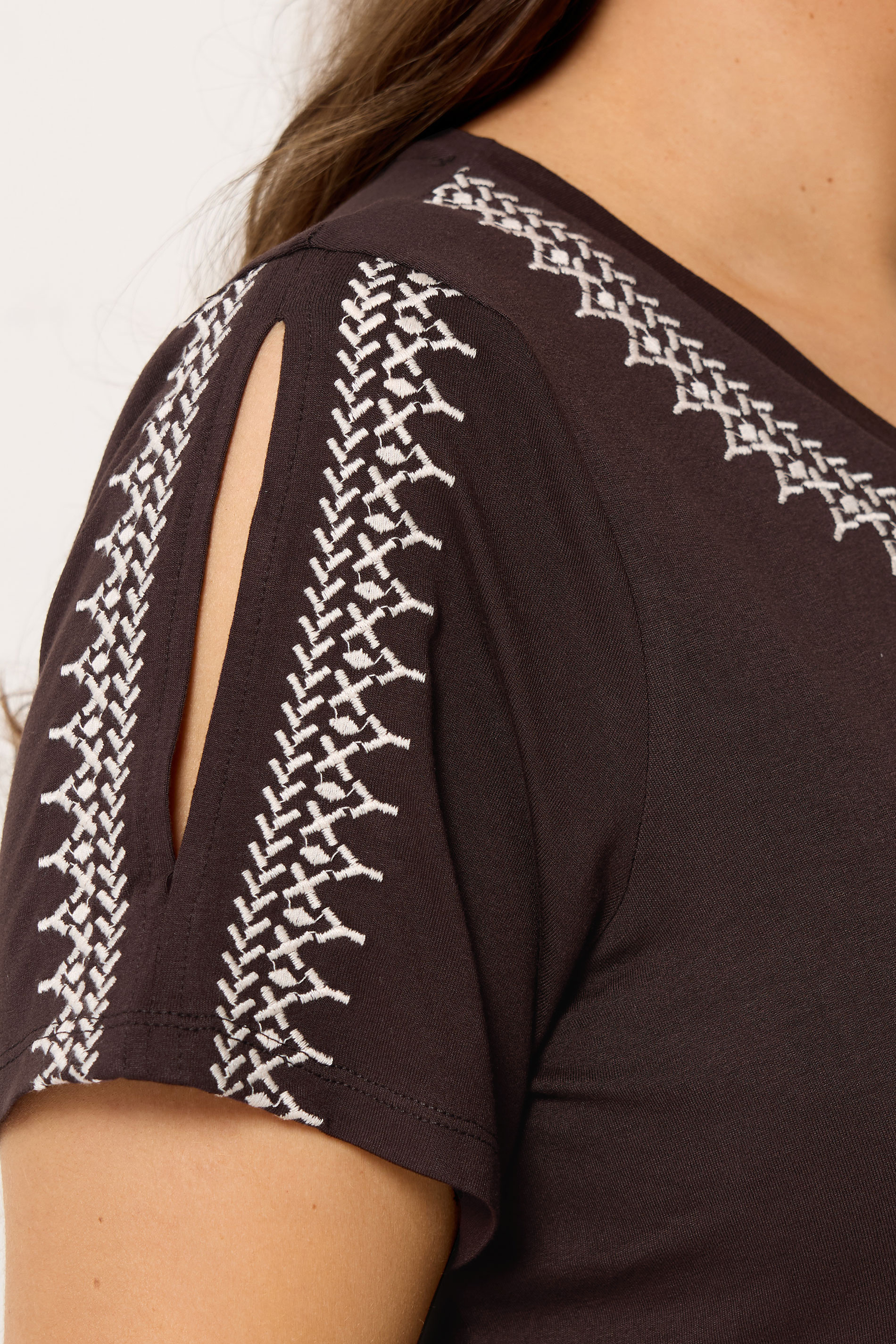 YOURS Plus Size Brown Embroidered Cold Shoulder T-Shirt | Yours Clothing 4