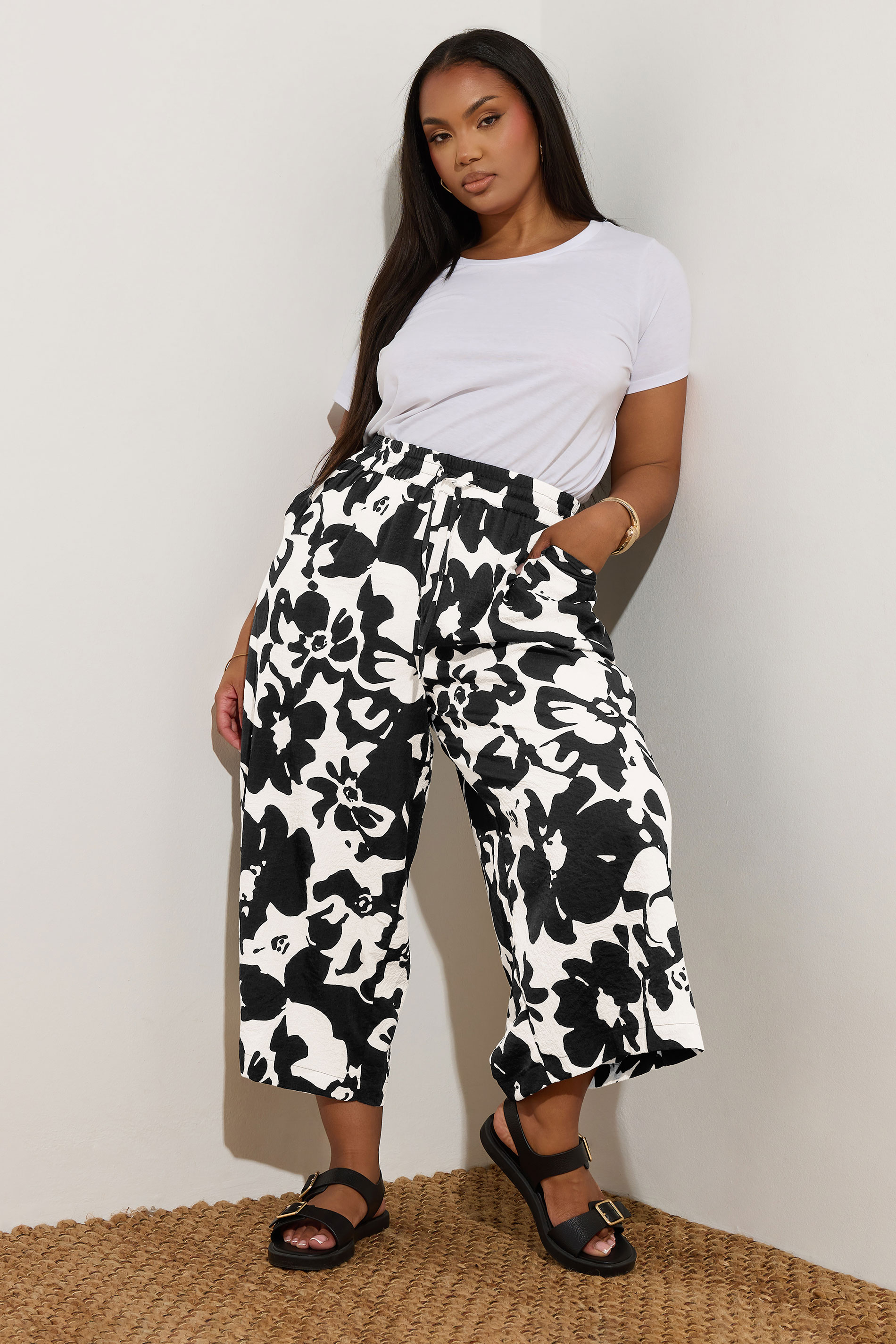 YOURS Plus Size Black Textured Floral Print Midaxi Culottes | Yours Clothing 1