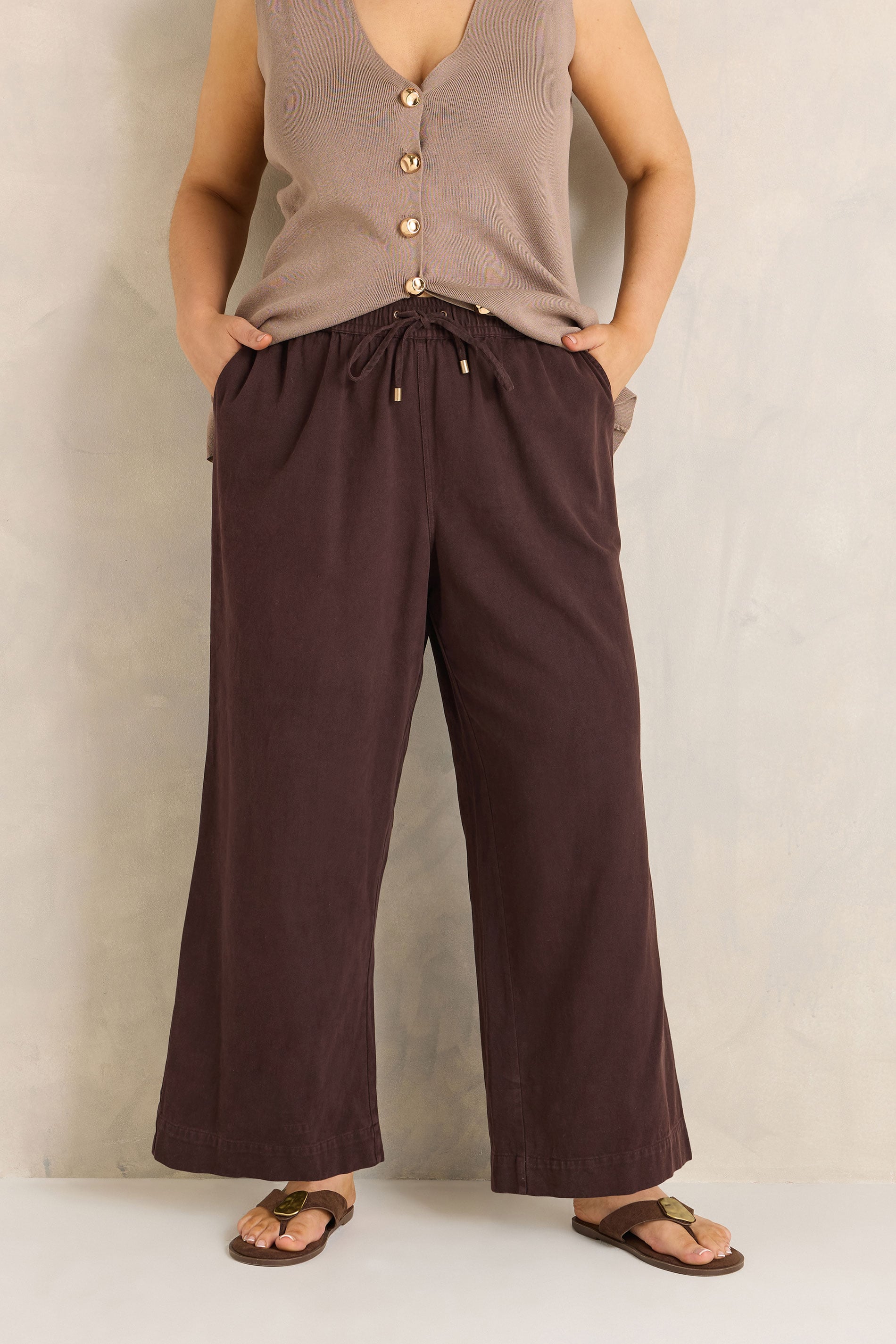 EVANS Plus Size Chocolate Brown Cotton Wide Leg Trouser | Evans 3