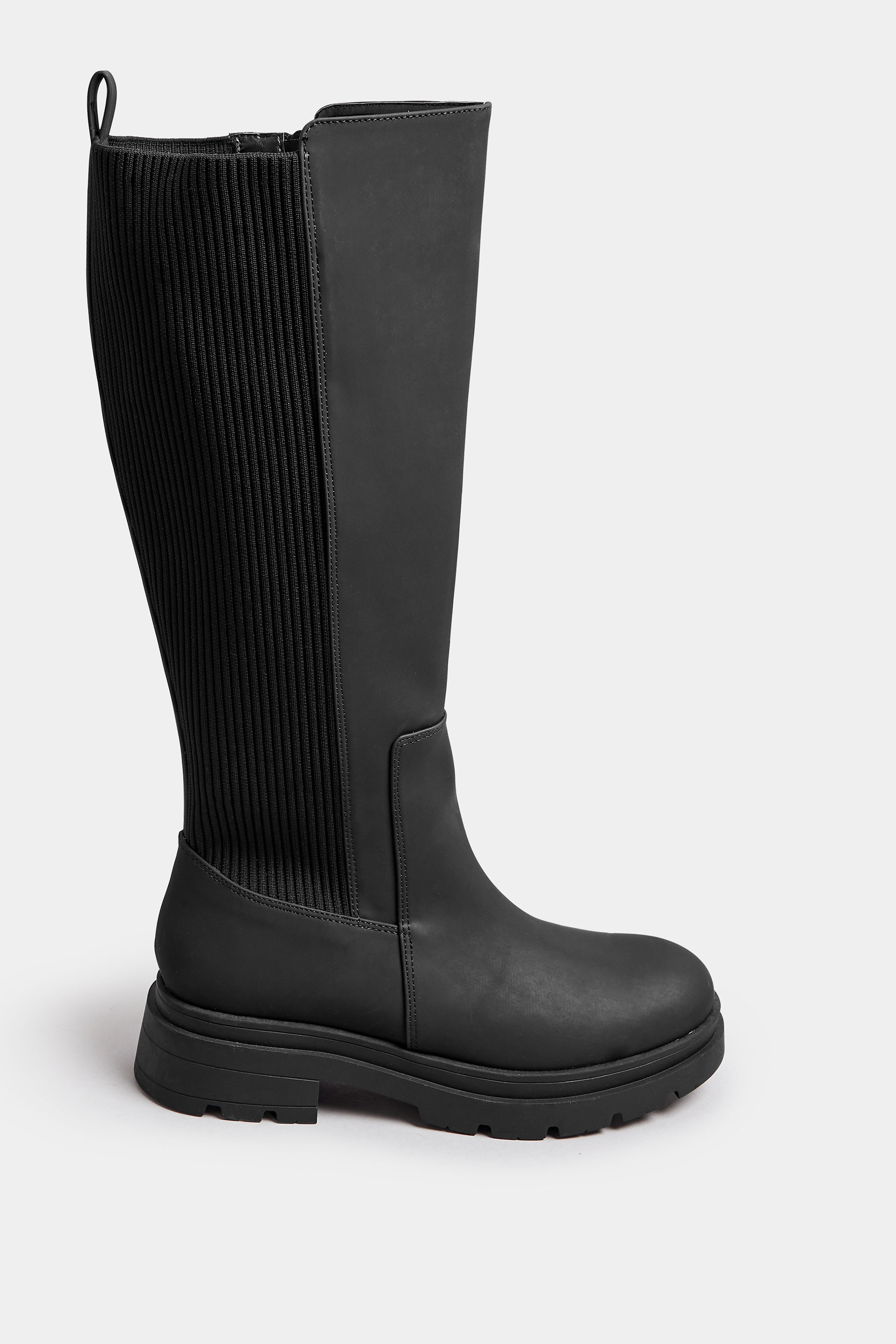 Black Sock Panel Knee High Boots In Wide E Fit & Extra Wide EEE Fit | Yours Clothing 2