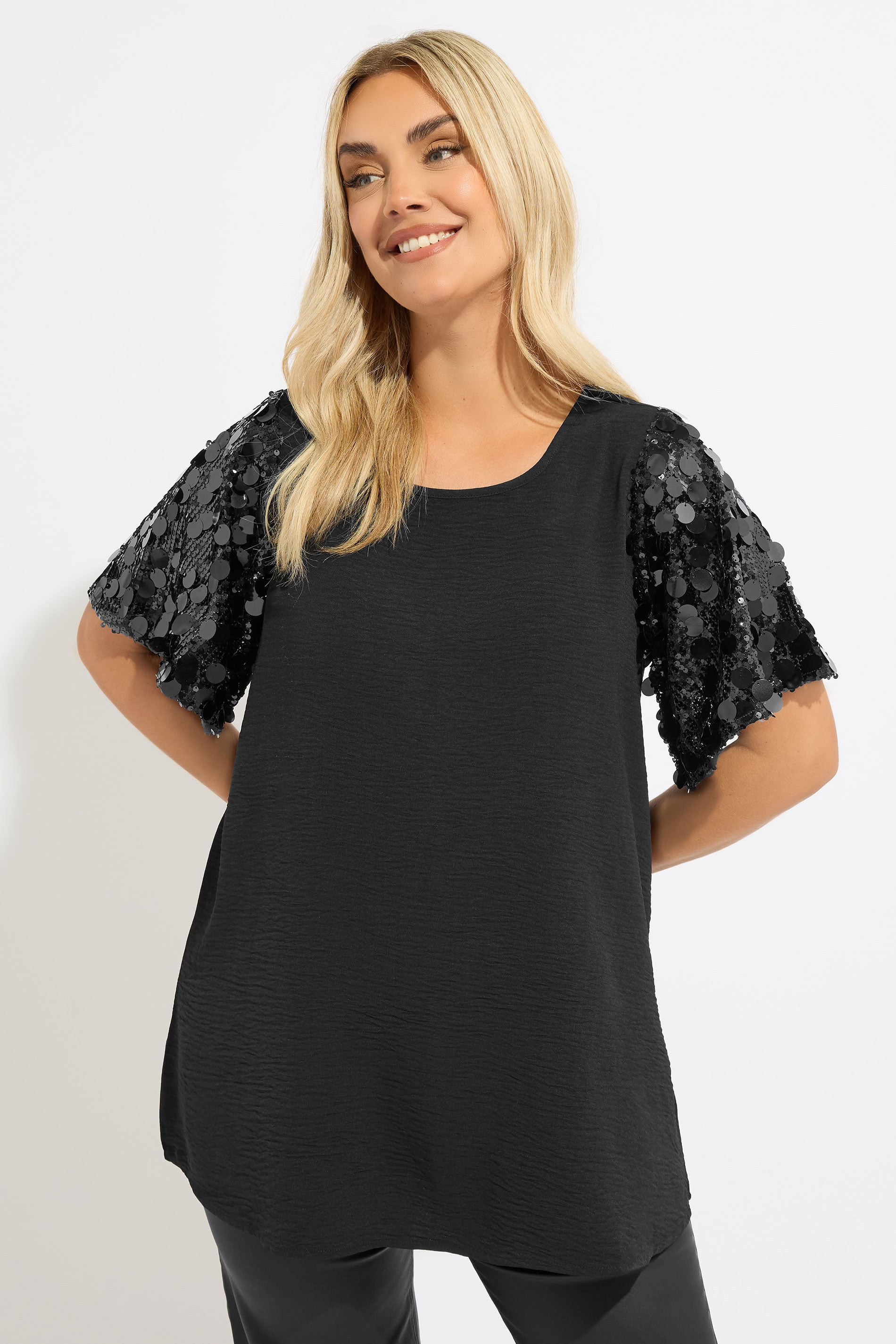 YOURS Plus Size Black Sequin Short Sleeve Blouse | Yours Clothing 3