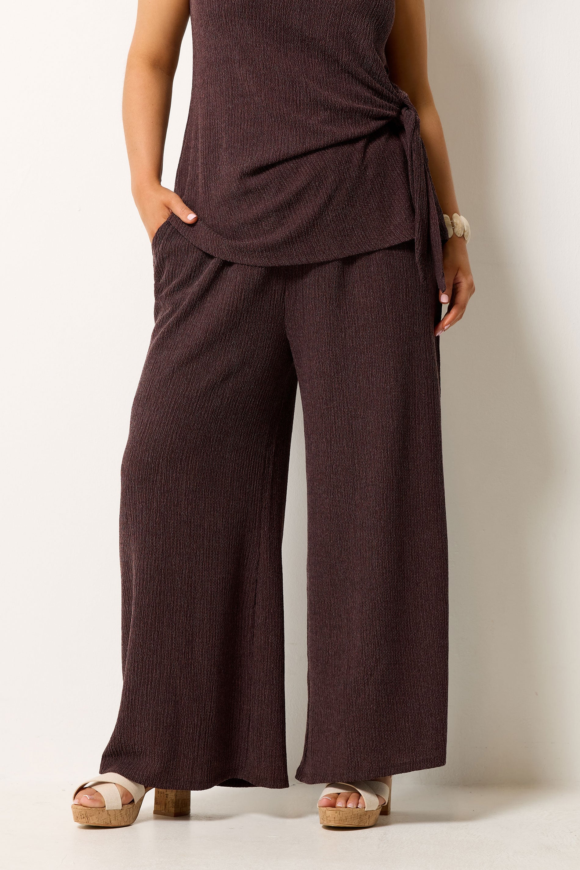 YOURS Plus Size Chocolate Brown Wide Leg Textured Trousers | Yours Clothing 1