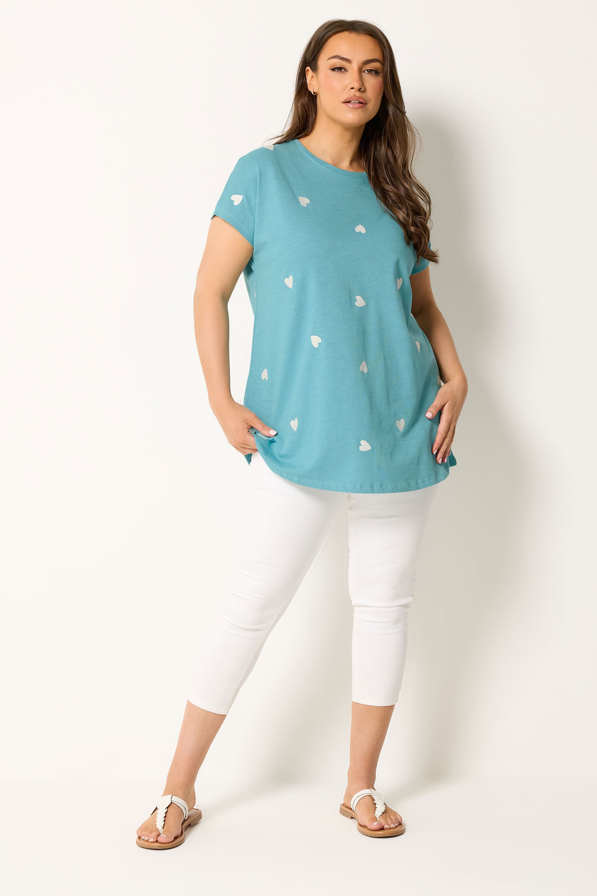 YOURS Plus Size Light Blue Embroidered Heart T-Shirt | Yours Clothing 1