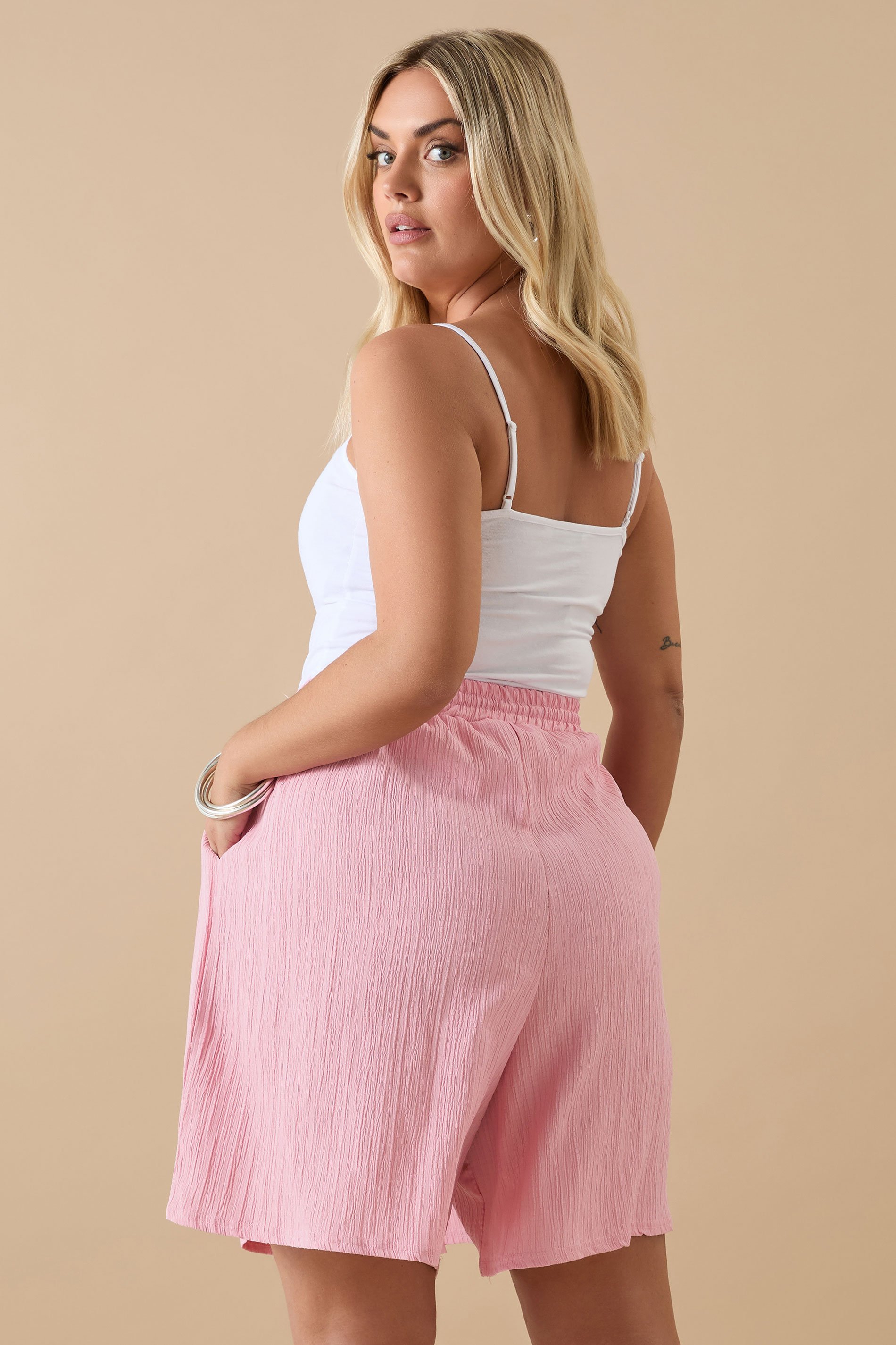 YOURS Plus Size Pink Textured Tie Front Shorts | Yours Clothing 3