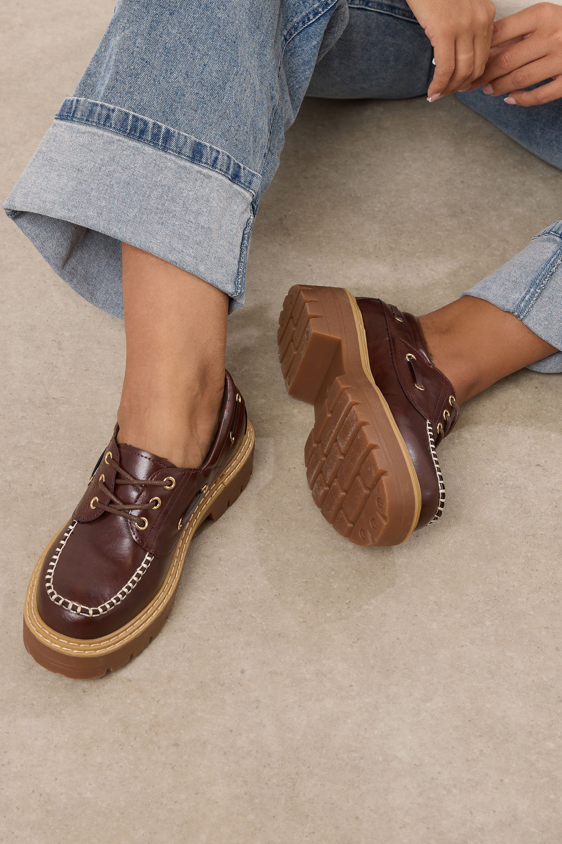 Brown Chunky Lace Up Boat Shoes In Extra Wide EEE Fit | Yours Clothing 1