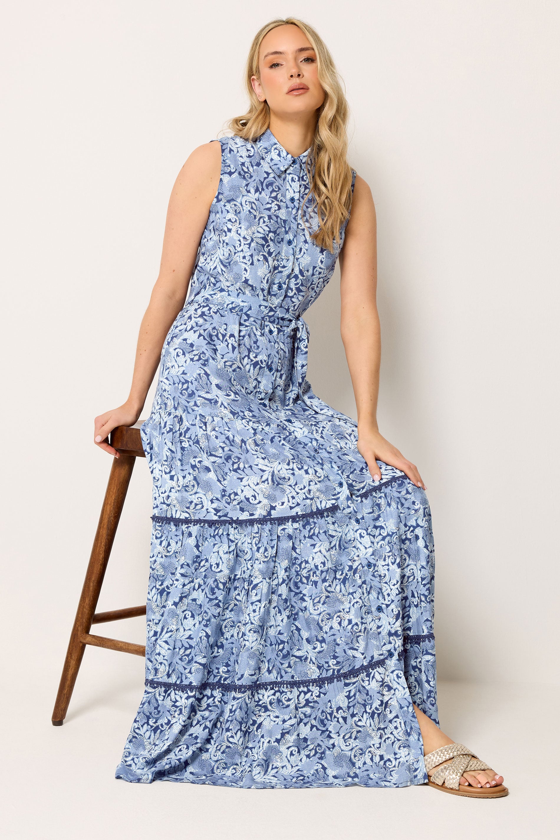 LTS Tall Women's Blue Floral Belted Maxi Dress | Long Tall Sally 1