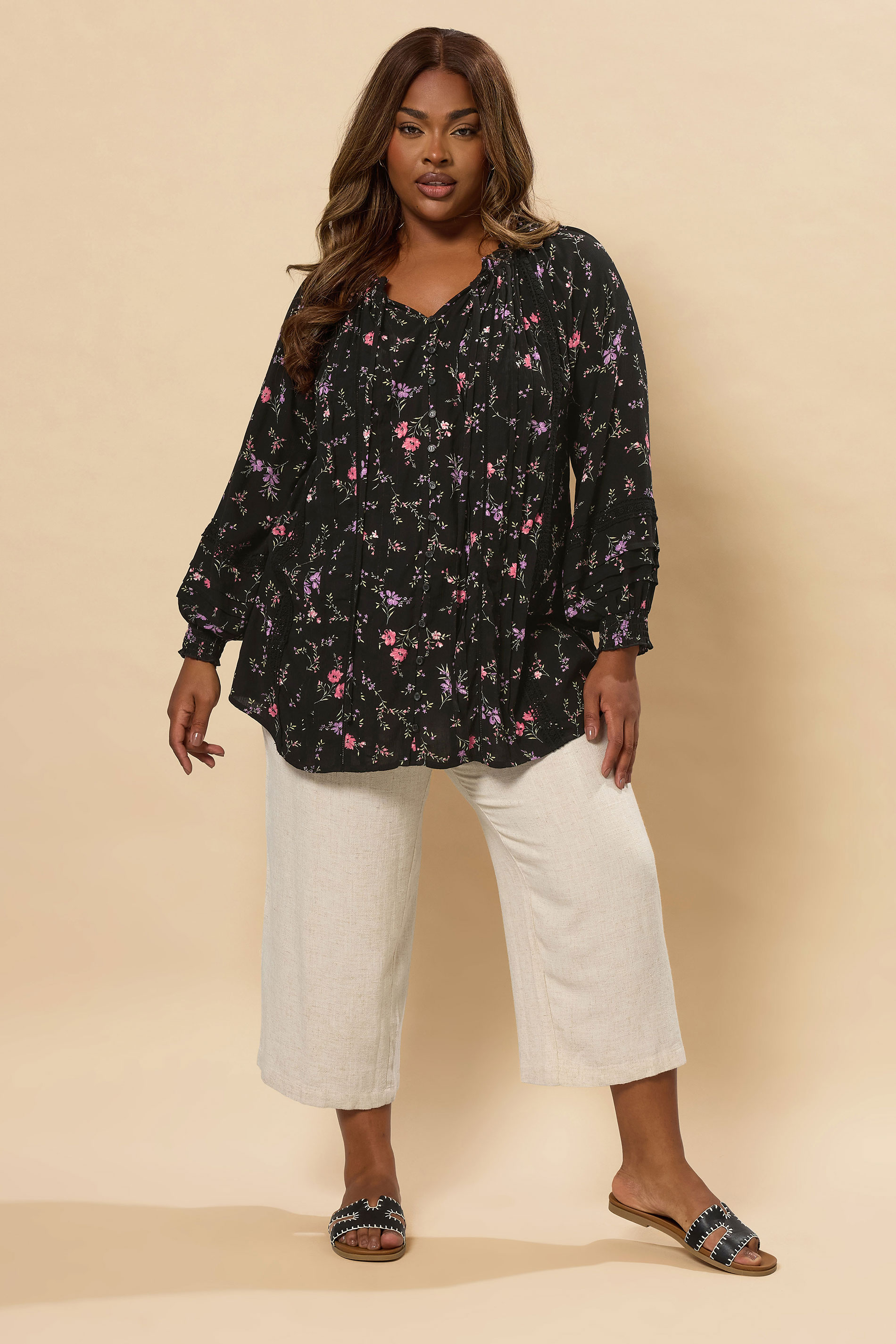 YOURS Plus Size Black Ditsy Floral Tie Neck Top | Yours Clothing 1