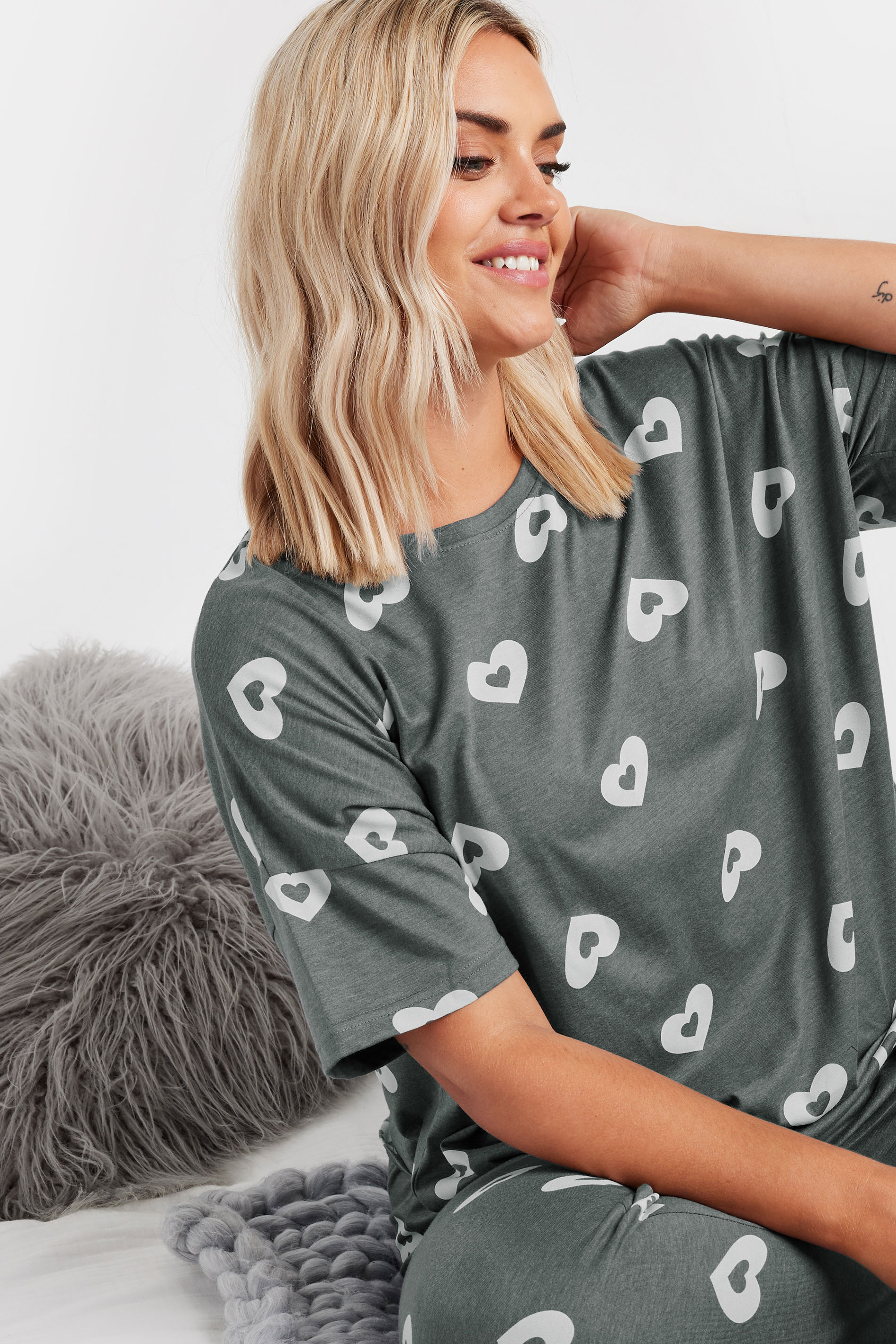 YOURS Plus Size Grey Heart Print Pyjama Set | Yours Clothing 1