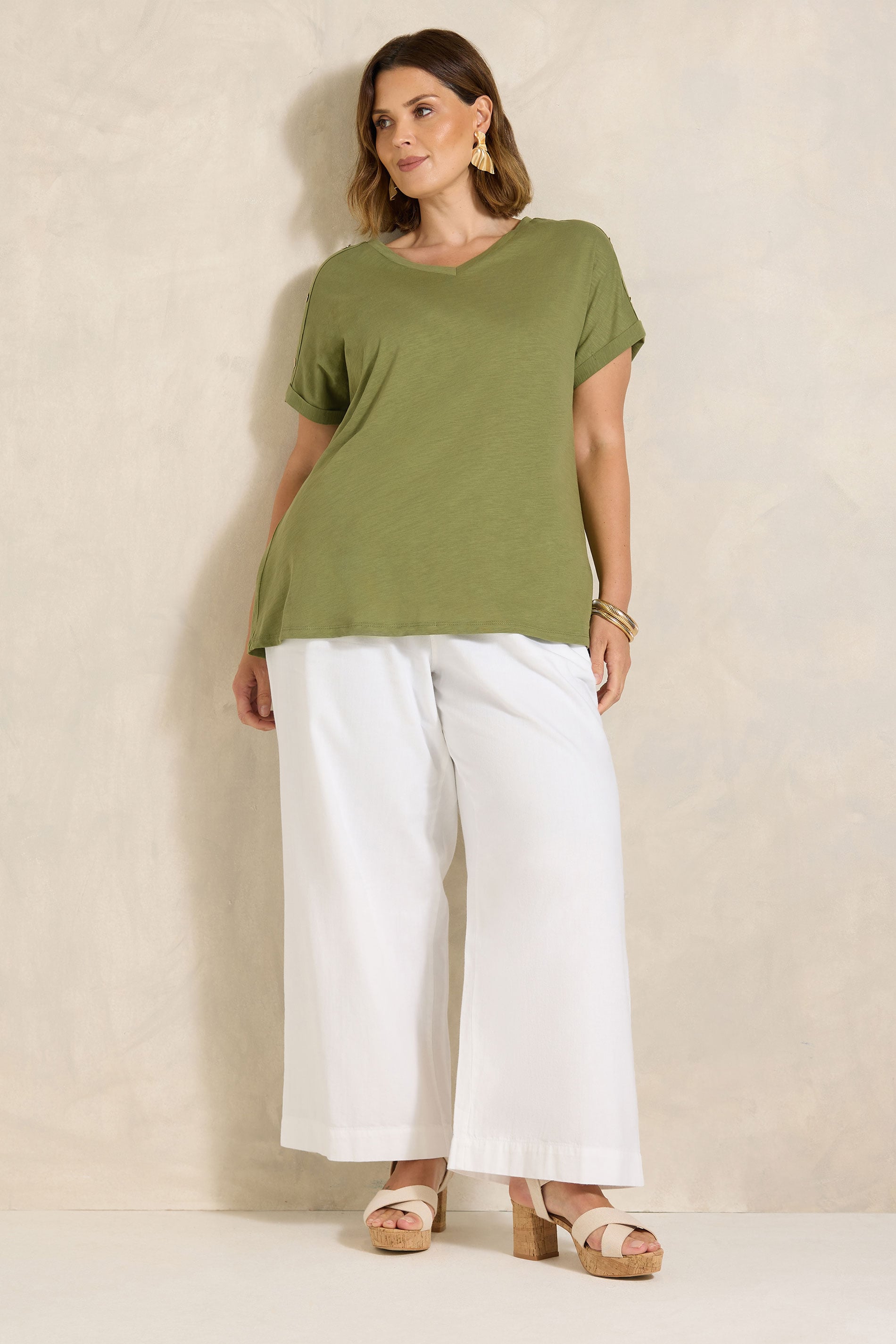 EVANS Plus Size Khaki Green Button Shoulder T-Shirt | Evans 1