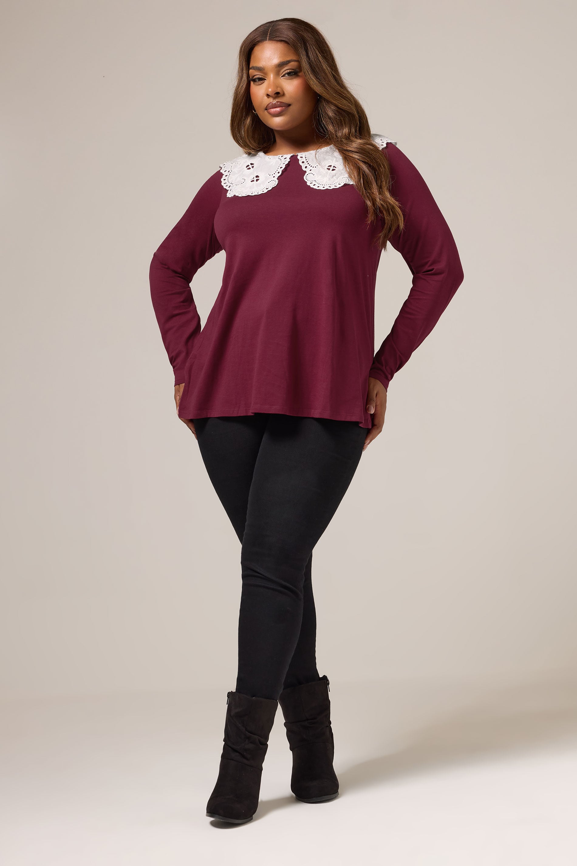 YOURS Plus Size Burgundy Red Broderie Anglaise Oversized Collar Top | Yours Clothing 1