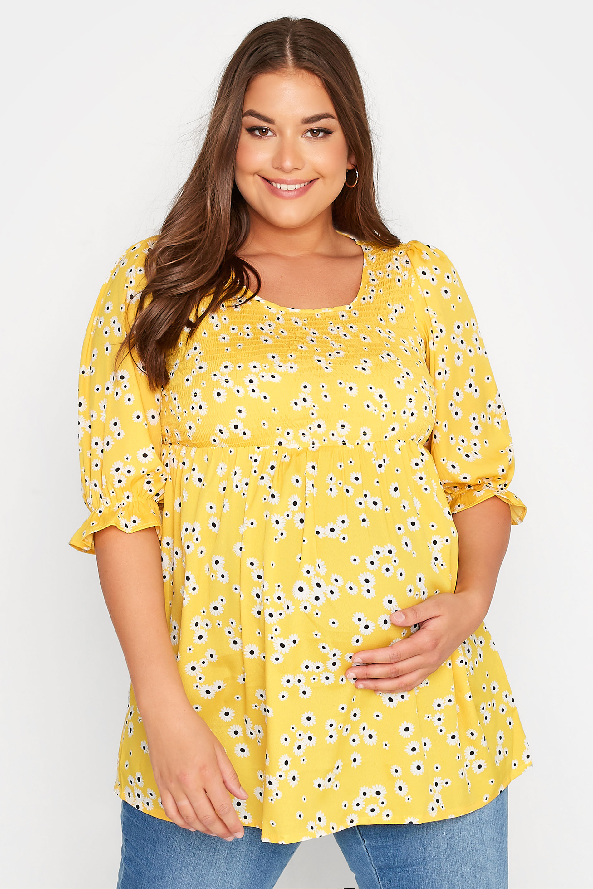 BUMP IT UP MATERNITY Plus Size Yellow Polka Dot Shirred Top | Yours Clothing 1