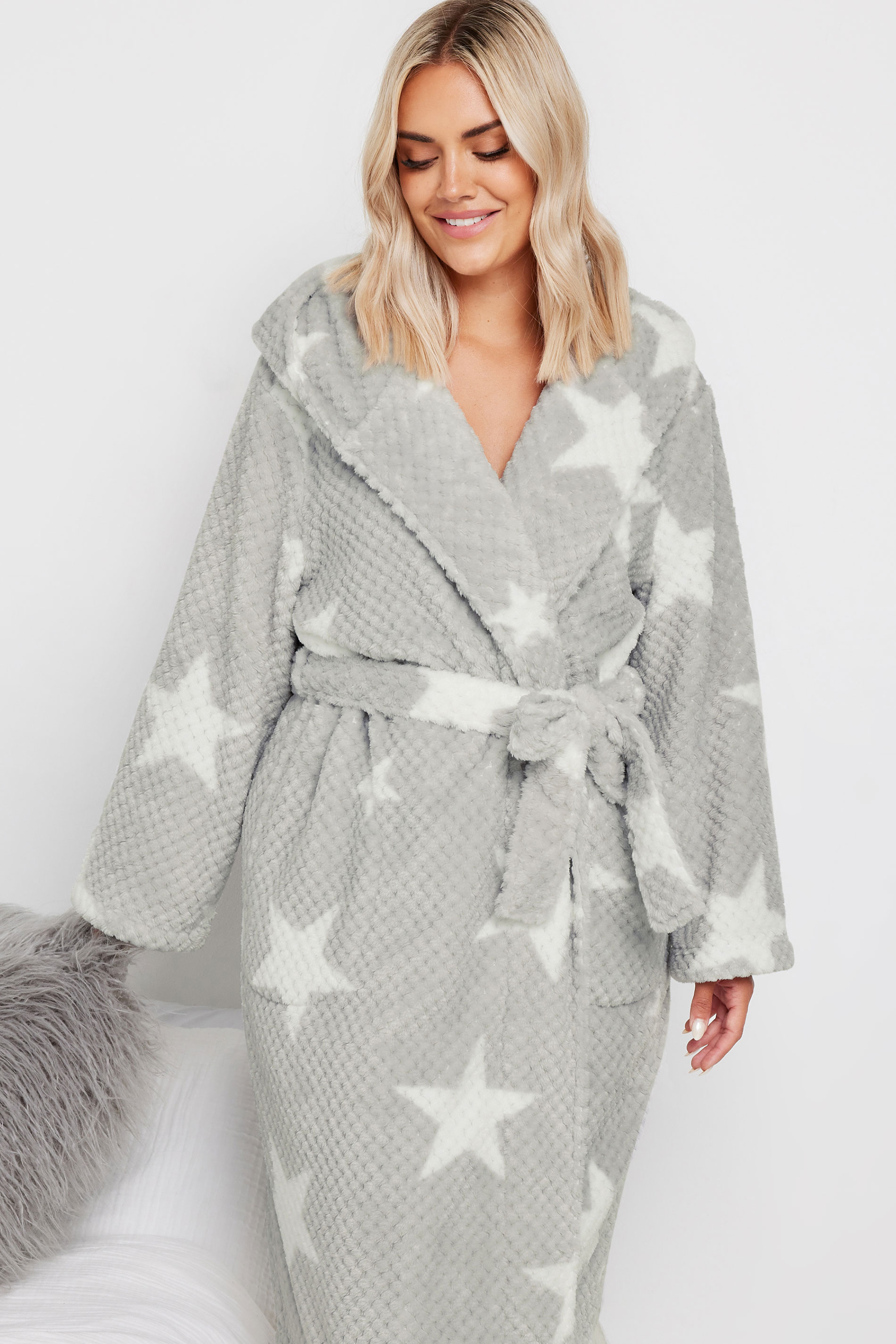 YOURS Plus Size Grey Star Honeycomb Dressing Gown | Yours Clothing 4