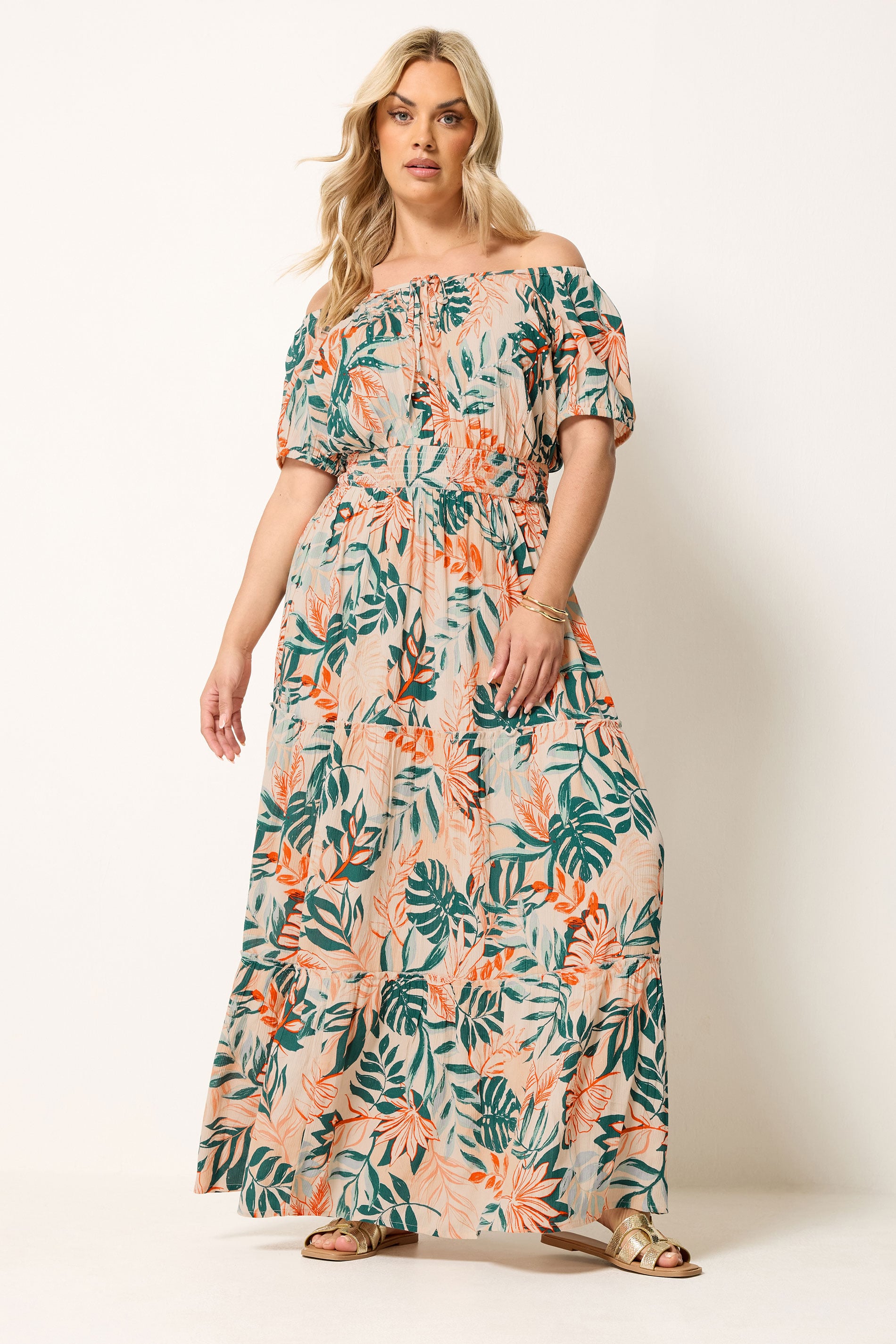 YOURS Plus Size Cream Leaf Tie Neck Bardot Maxi Dress | Yours Clothing 4
