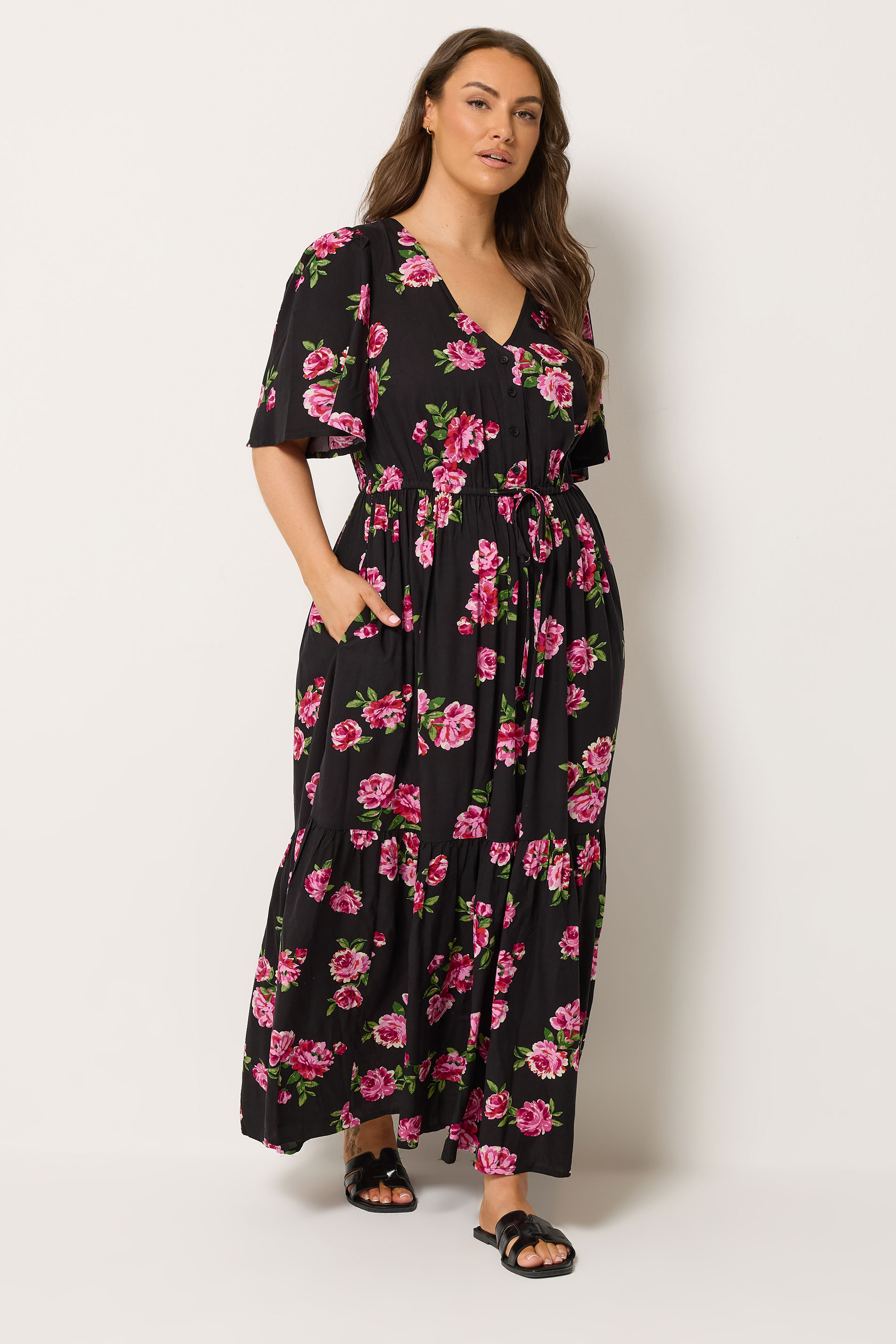 YOURS Plus Size Black Floral Angel Sleeve Dress | Yours Clothing 1