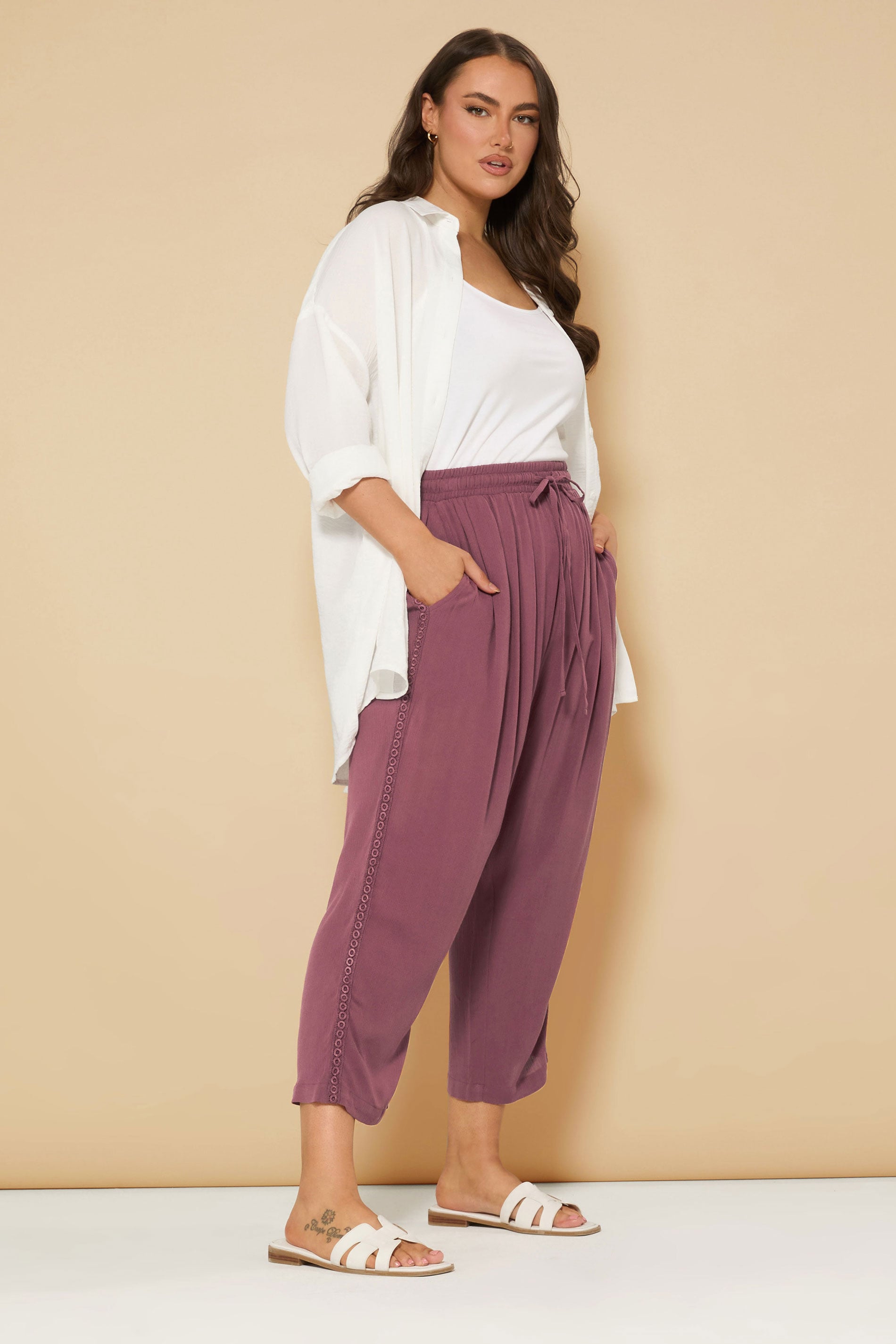 YOURS Plus Size Berry Red Crochet Trim Cropped Trousers | Yours Clothing 1