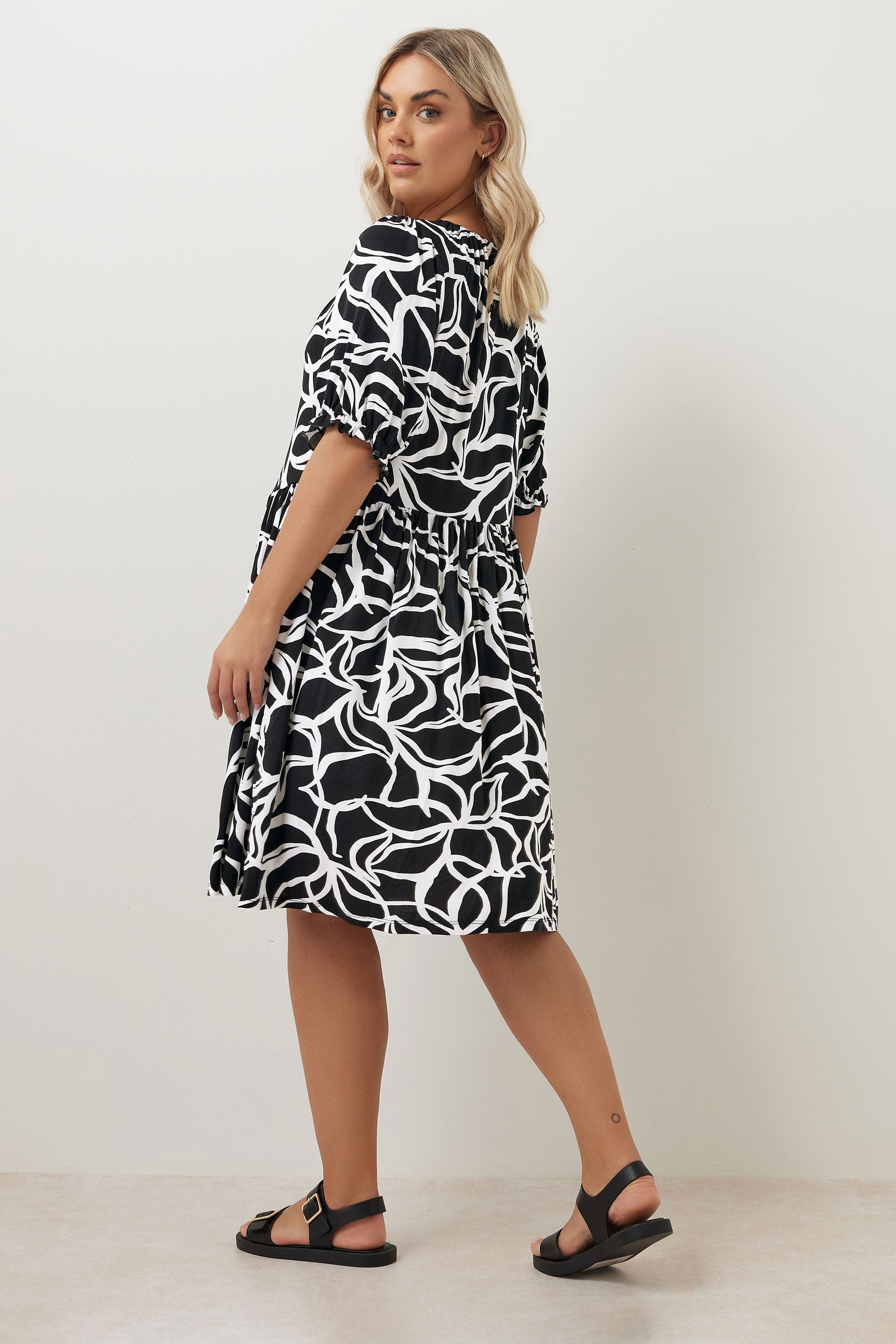 YOURS Plus Size Black Abstract Print Tie Neck Midi Dress | Yours Clothing 4