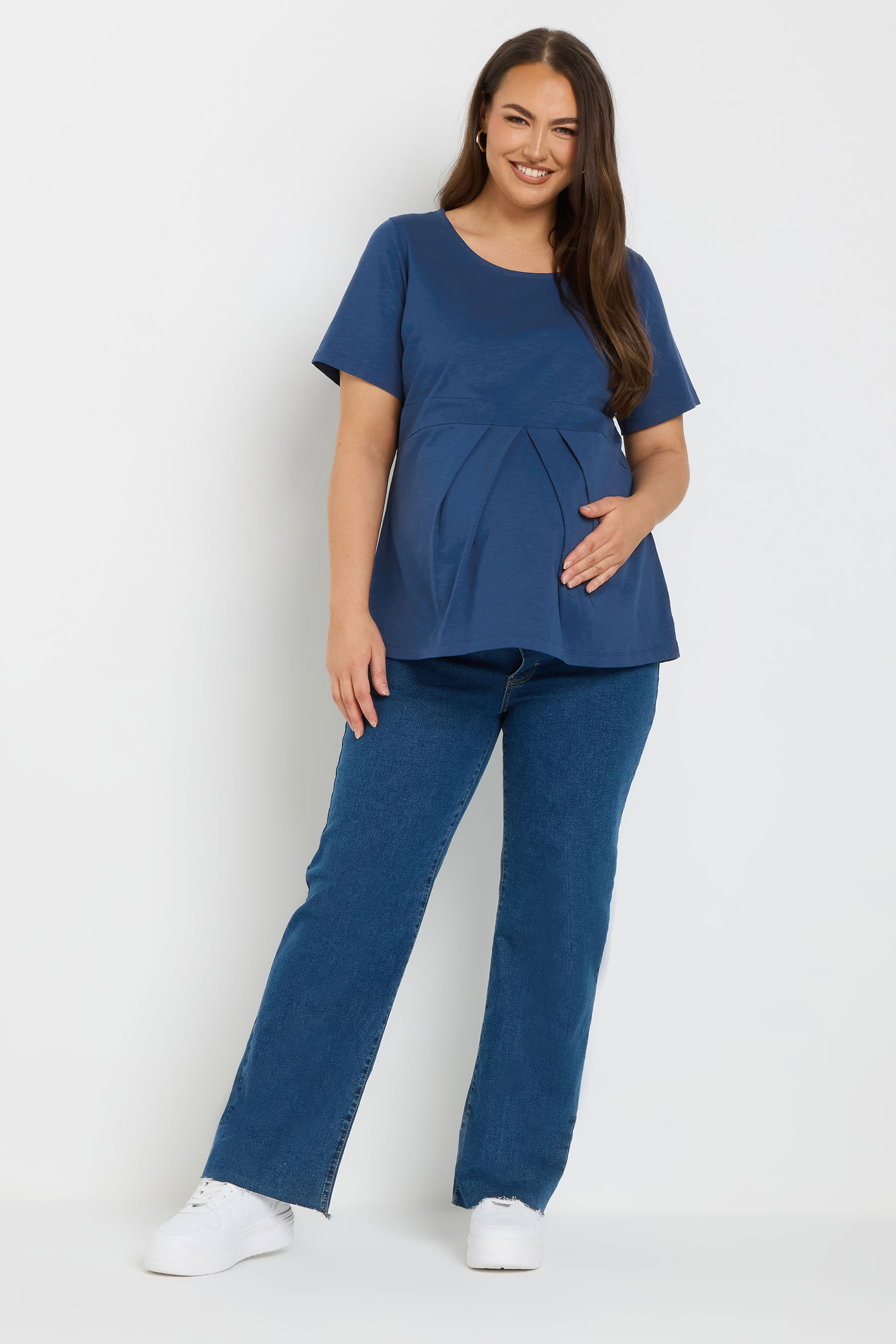 BUMP IT UP MATERNITY Plus Size Navy Blue Soft Cotton Pleat Front Peplum Top | Yours Clothing 2