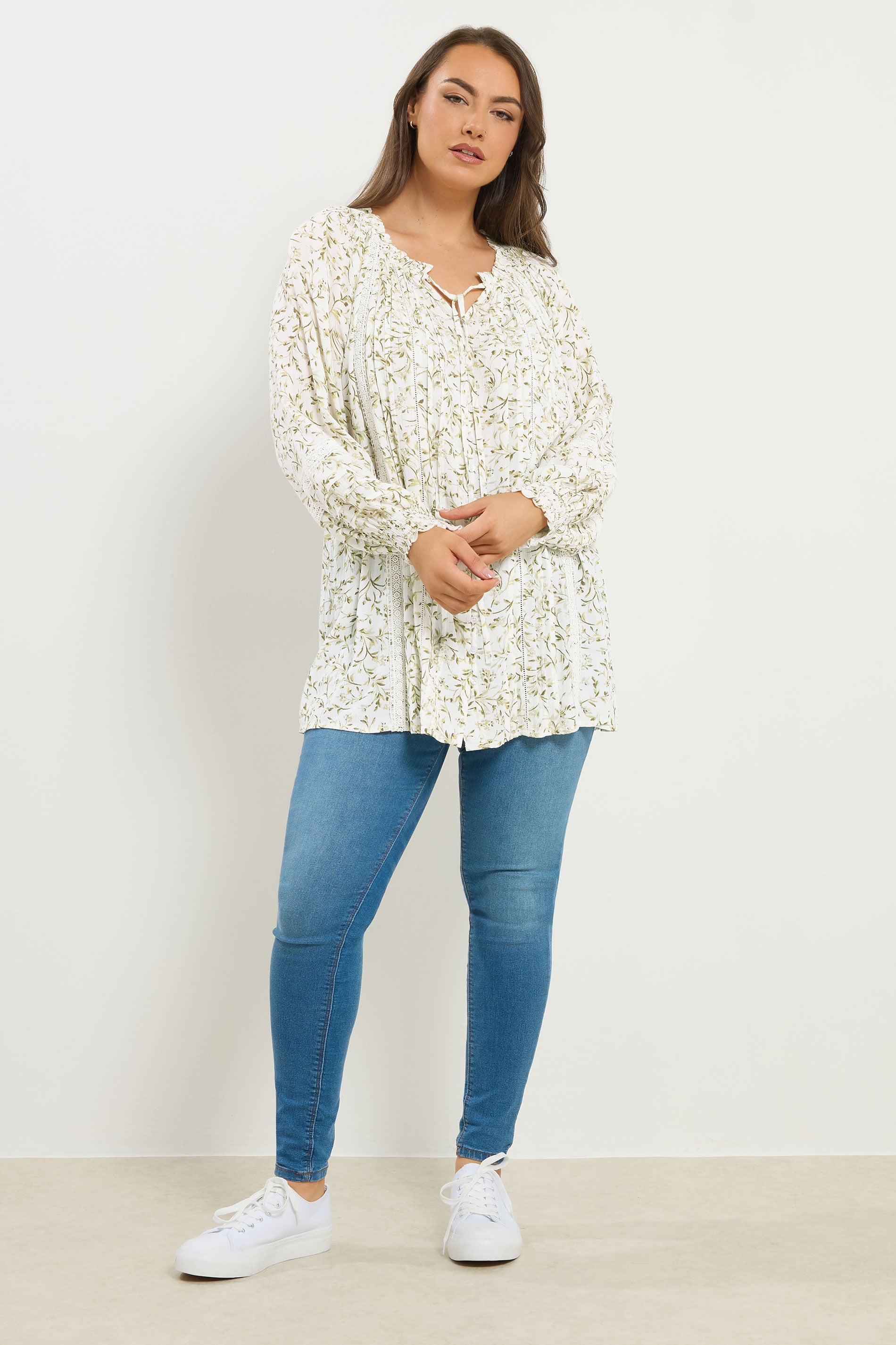 YOURS Plus Size Ivory White Leaf Print Tie Neck Top | Yours Clothing 1