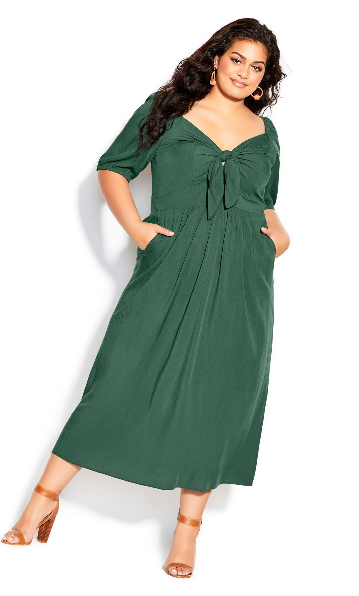 Plus Size Villa Capri Tie Front Puff Sleeve Maxi Dress Jungle Green 2