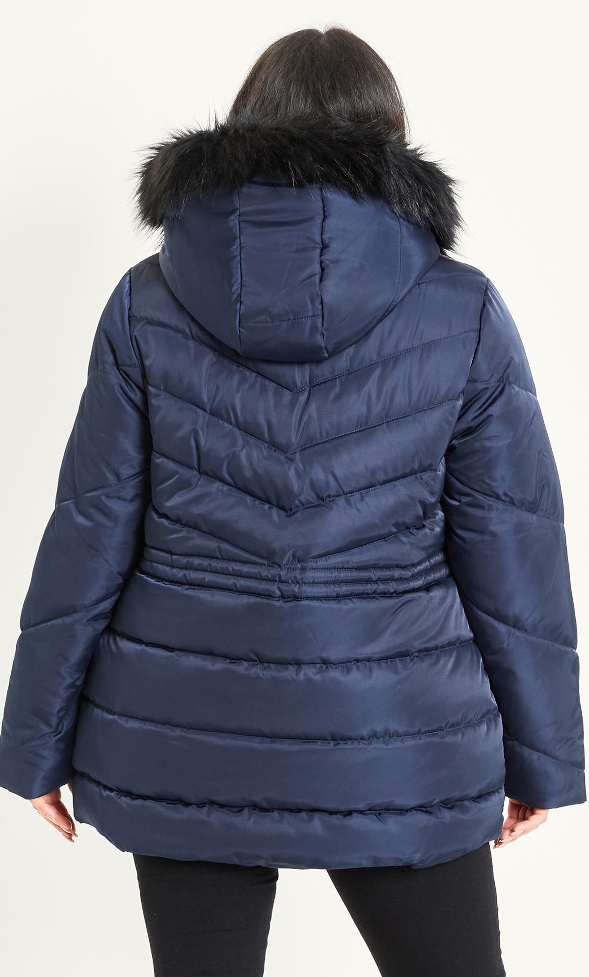 Faux Fur Trim Navy Padded Coat | Evans