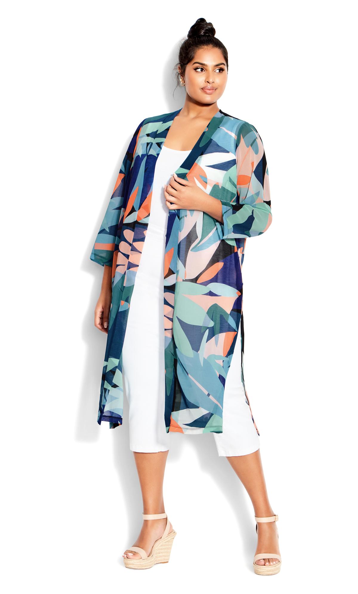 Tropical Blue Pattern Chiffon Kimono