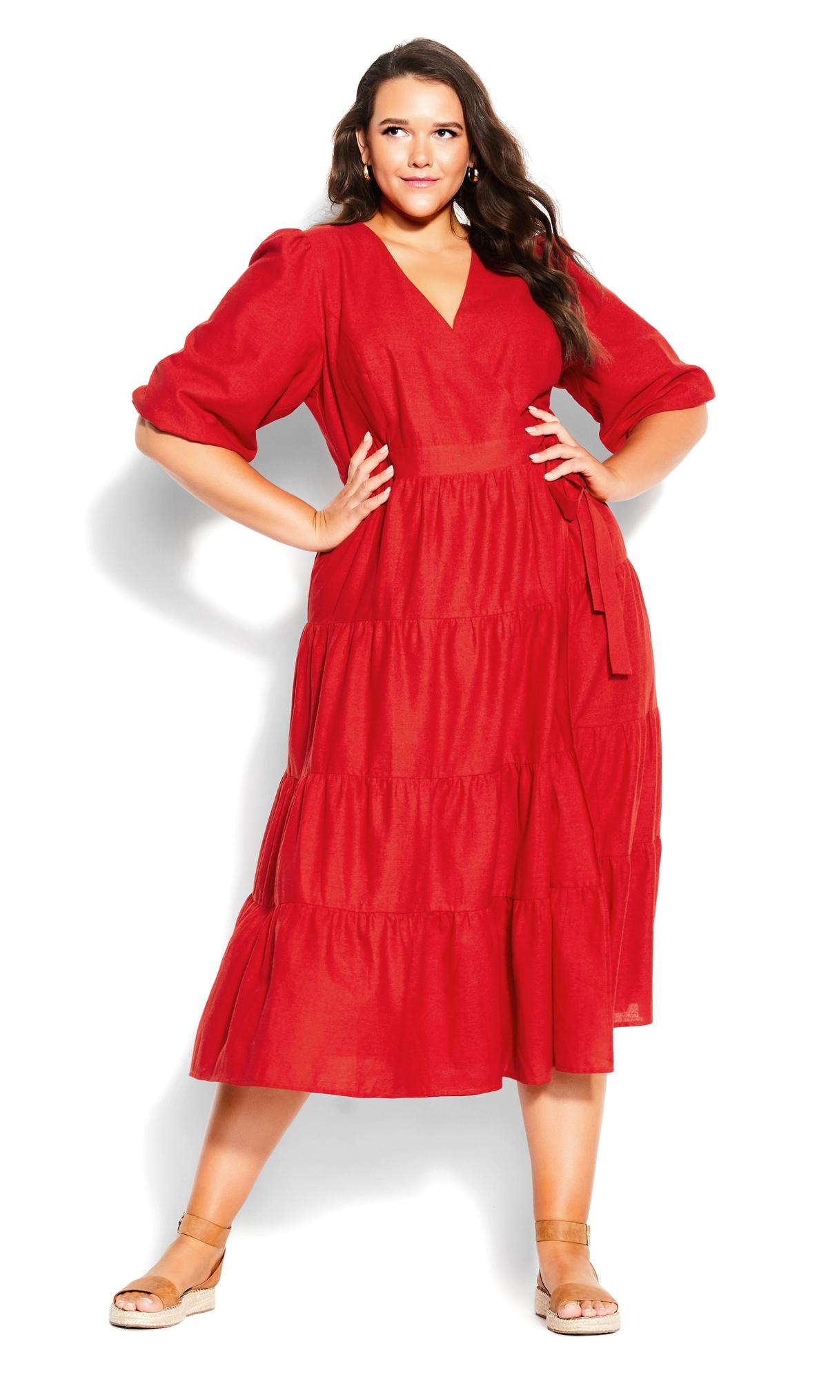 English Rose Wrap Tiered Linen Puff Sleeved Red Maxi Dress 1