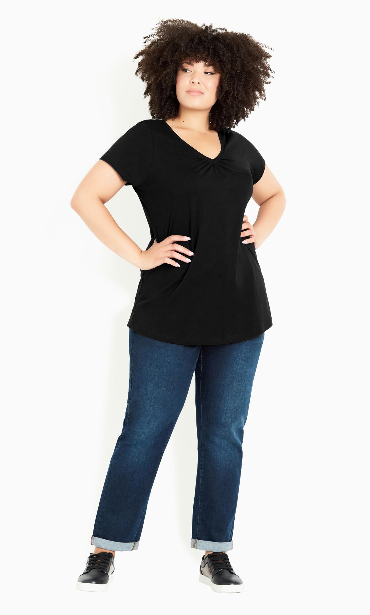 Gathered Black V Neck Cotton Top | Evans