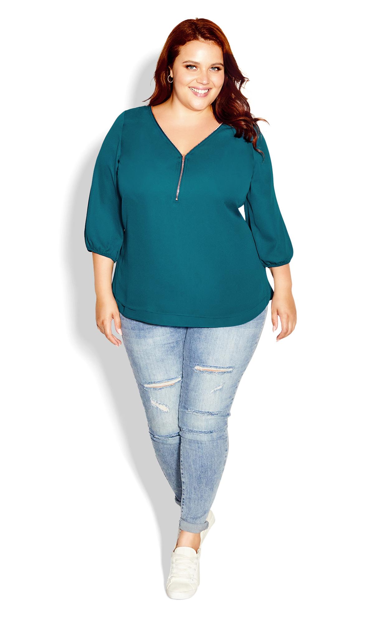 City Chic Teal Green Zip Front Blouse | Evans