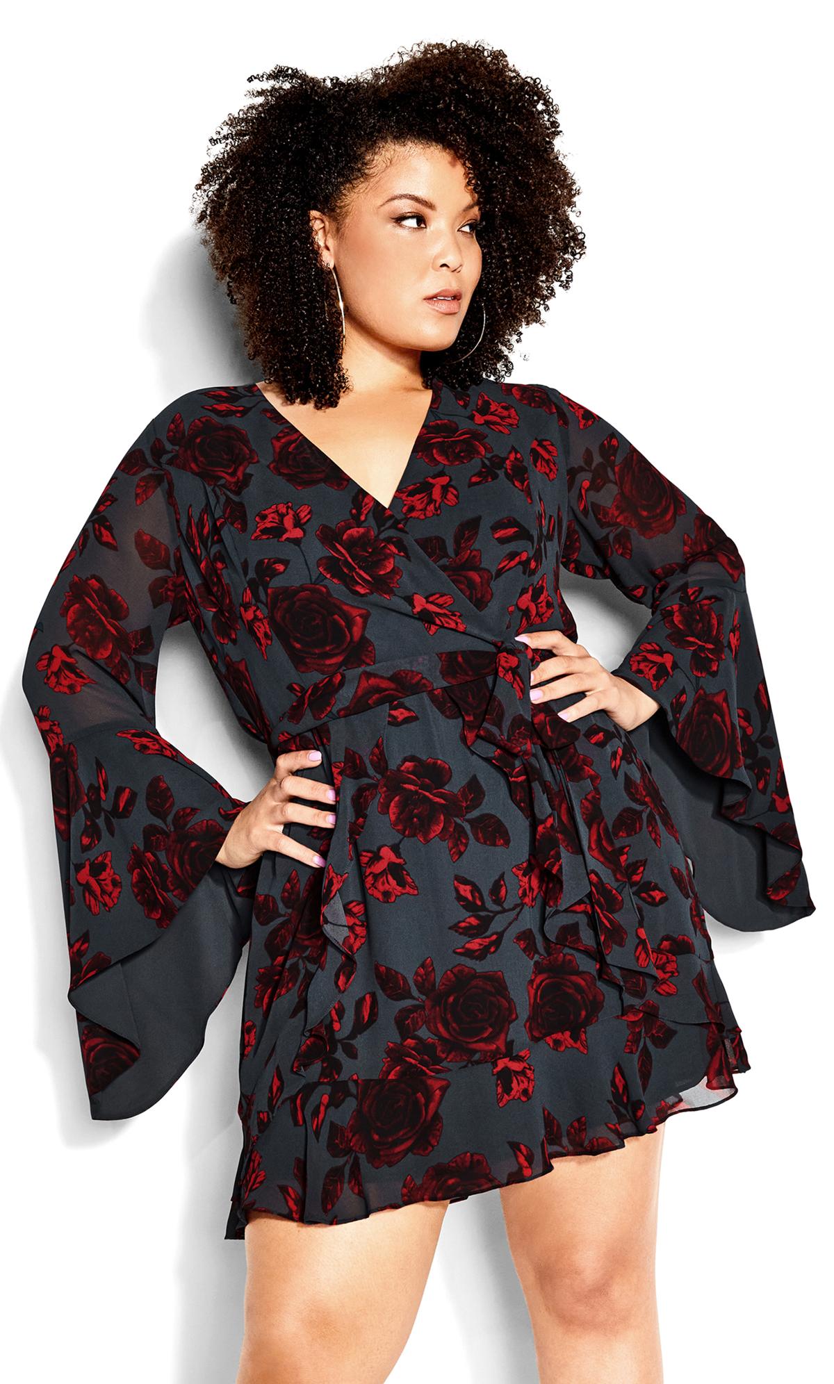 City Chic Black & Red Floral Print Wrap Dress 2