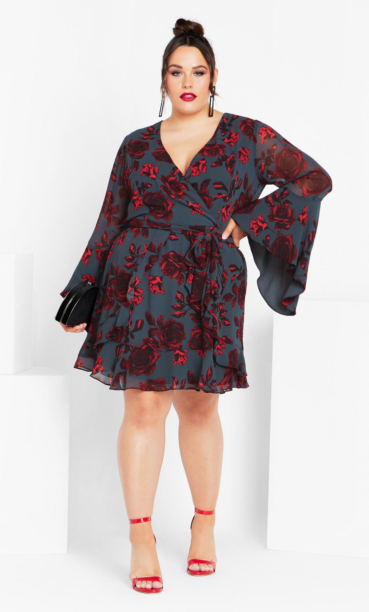 City Chic Black & Red Floral Print Wrap Dress | Evans