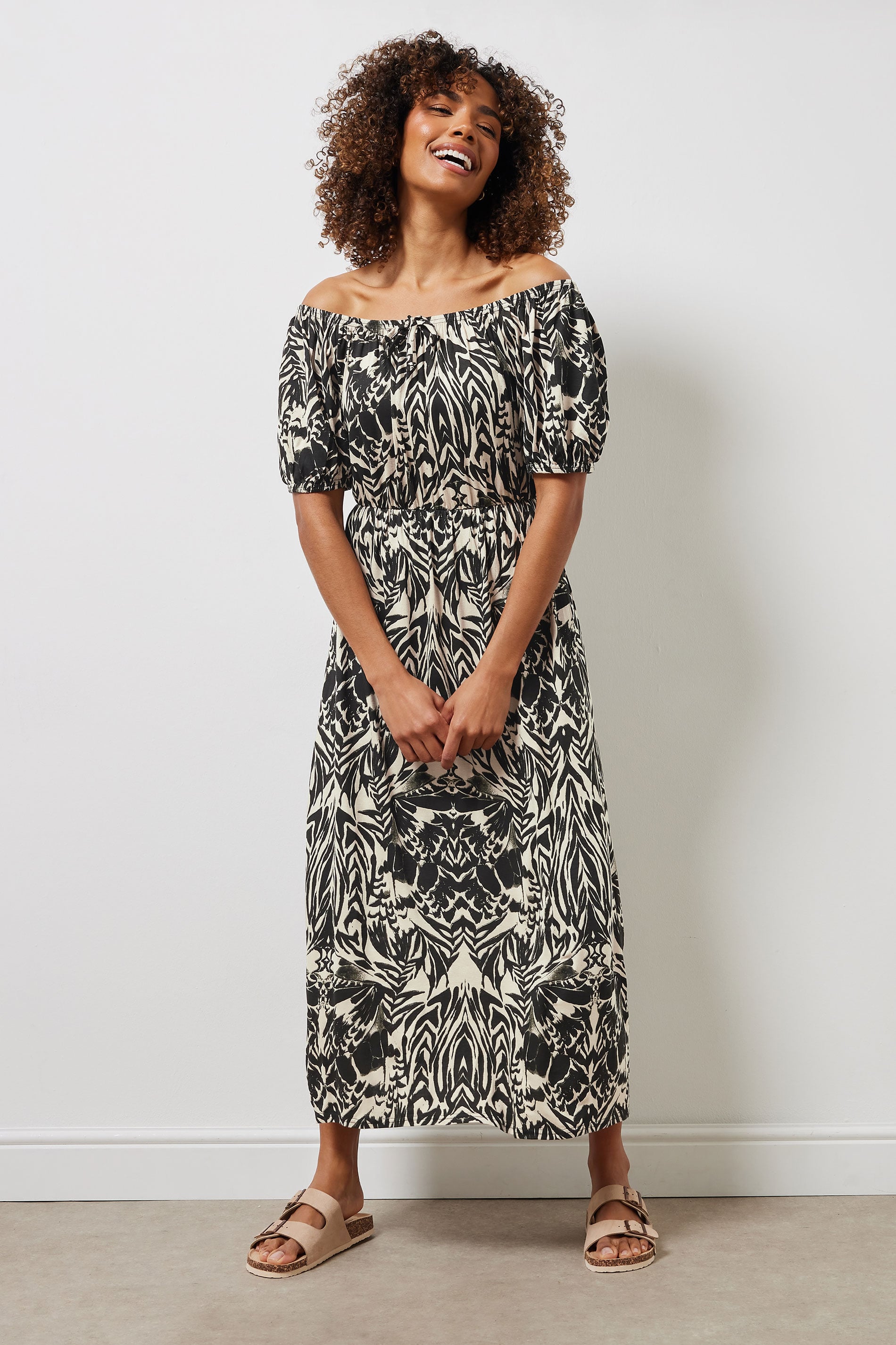 M&Co Neutral Brown & Black Abstract Print Bardot Dress 3