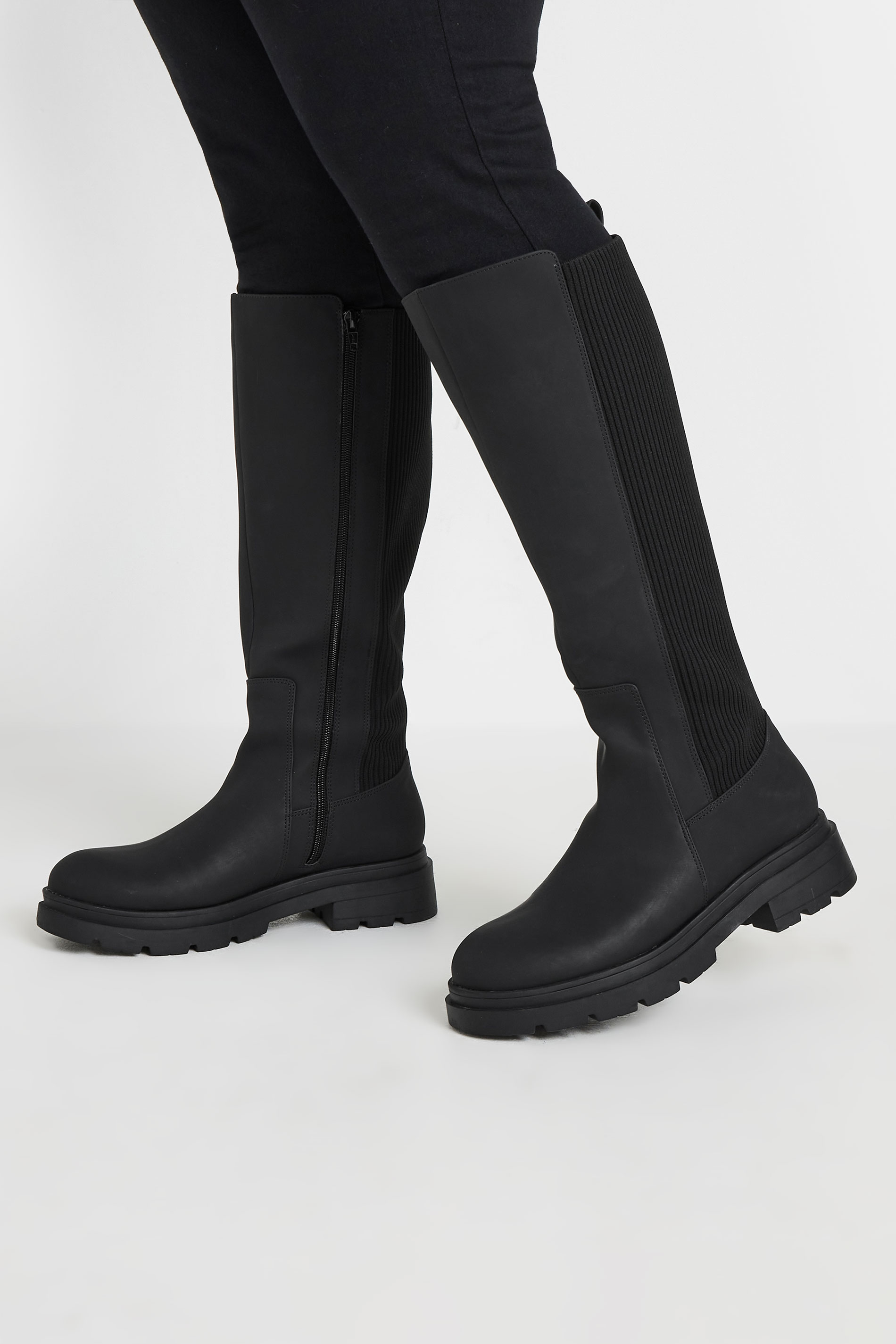 Black Sock Panel Knee High Boots In Wide E Fit & Extra Wide EEE Fit | Yours Clothing 3
