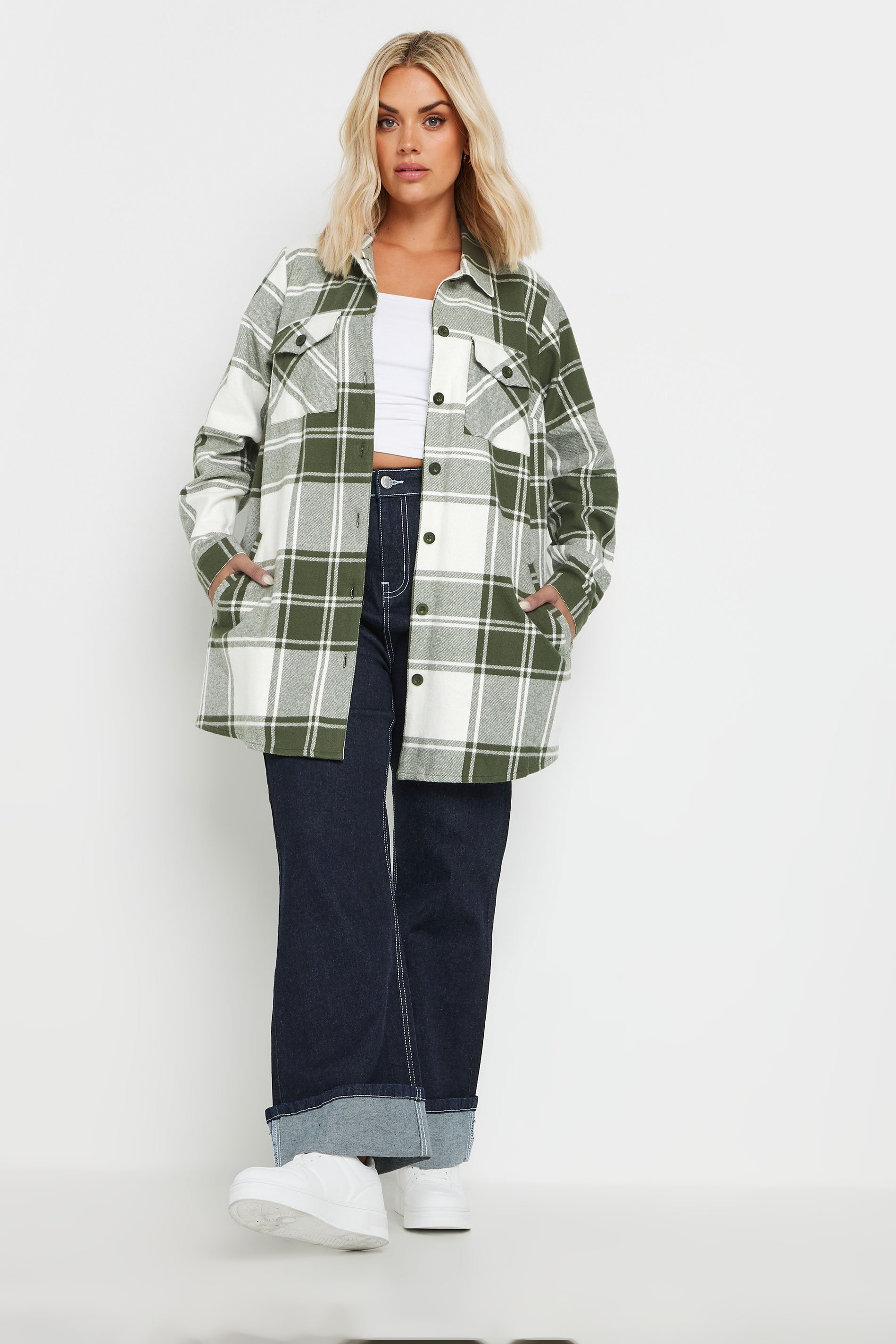YOURS Plus Size Khaki Green Check Shacket | Yours Clothing 3