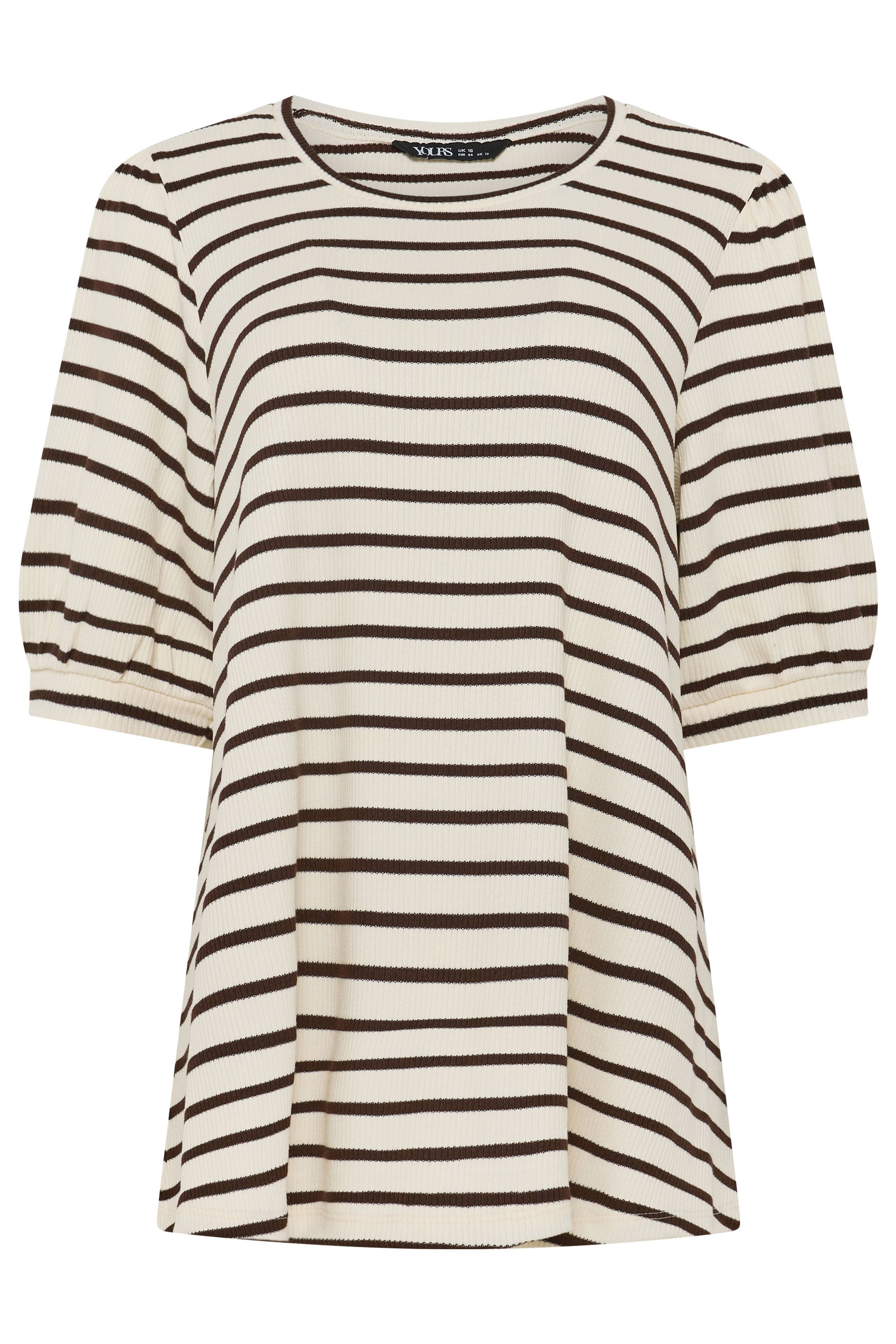 YOURS Plus Size White & Brown Stripe Knitted Puff Sleeve Top | Yours Clothing 5