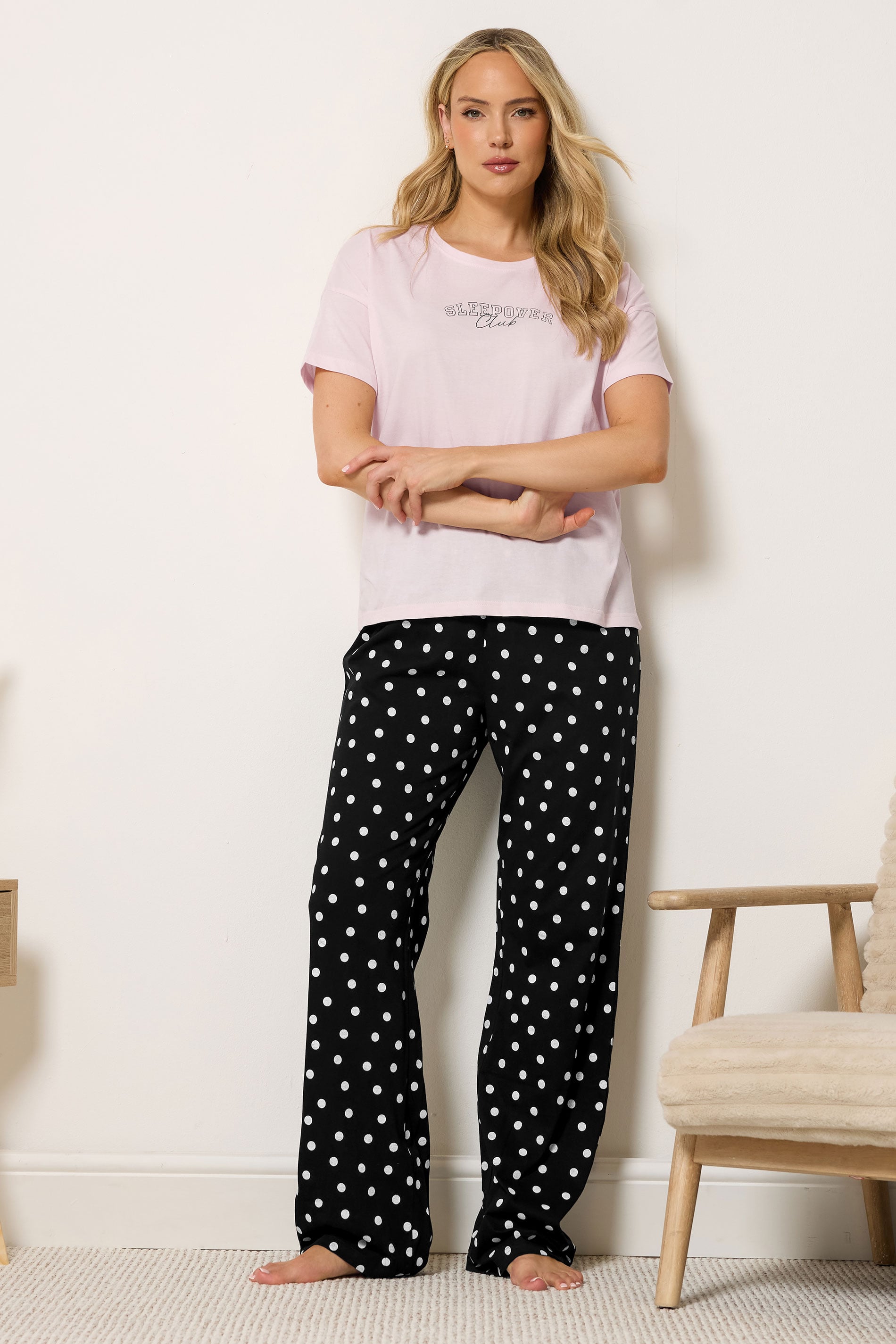 LTS Tall Women's Pink 'Sleepover Club' Slogan Cotton Wide Leg Pyjama Set | Long Tall Sally 3