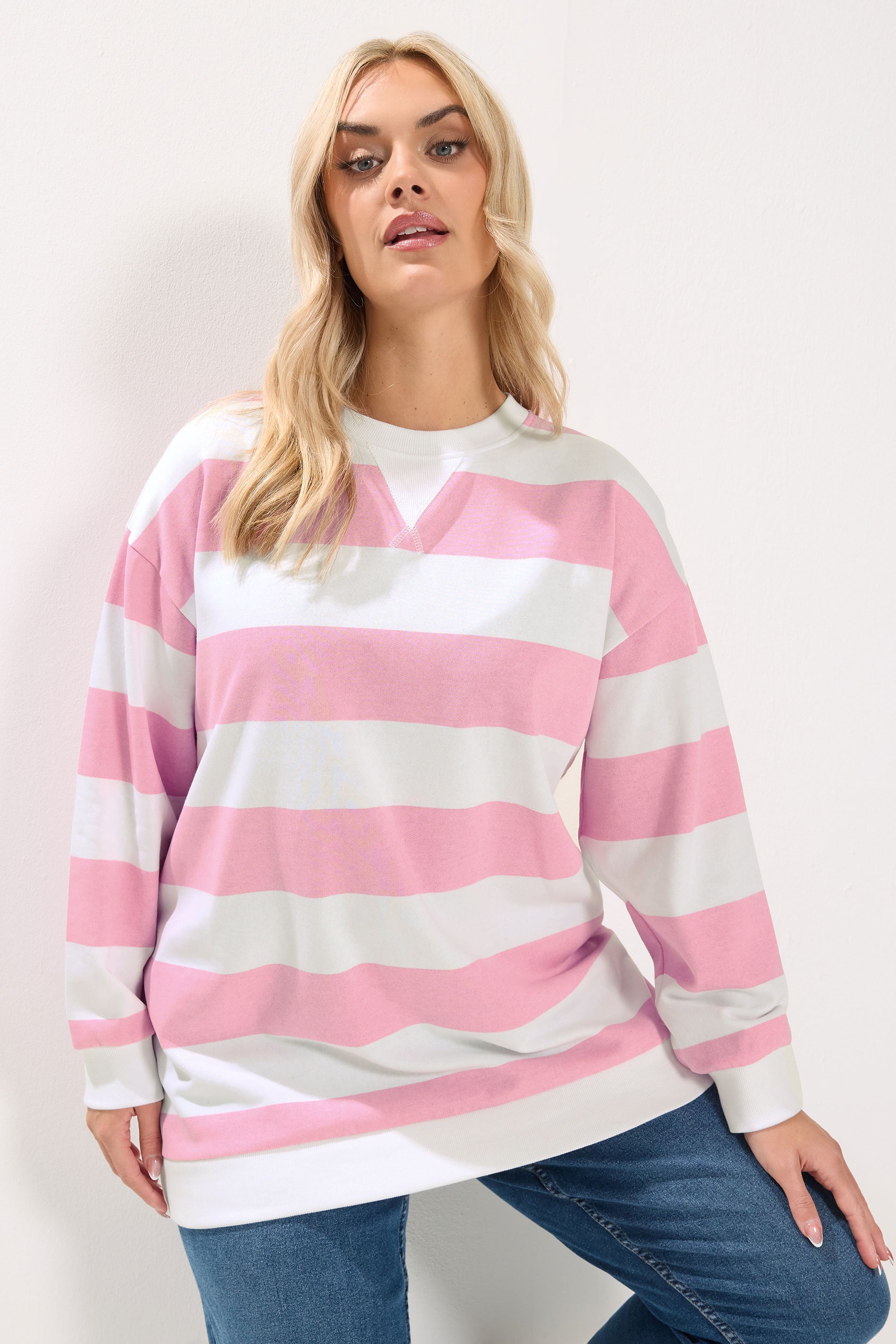 YOURS Plus Size Pink & White Stripe Sweatshirt | Yours Clothing 3